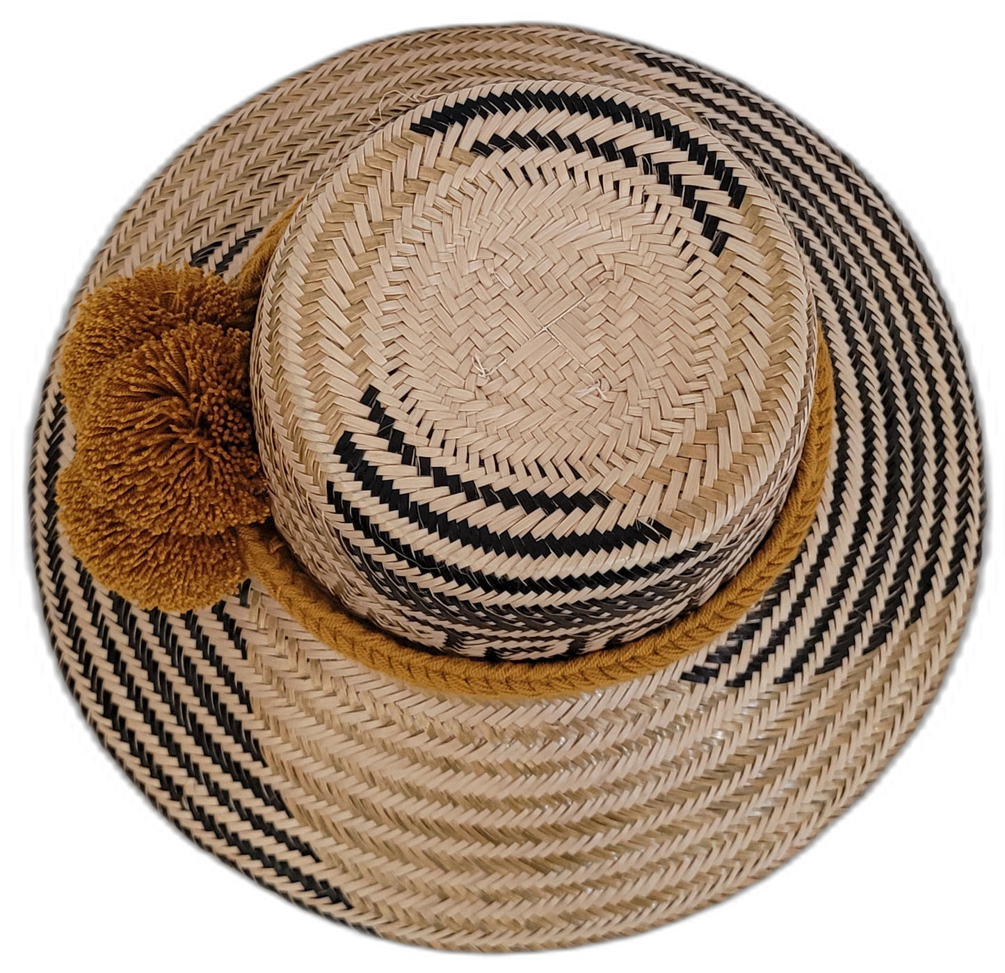 Wayuu handmade hat, colorful and lightweight, with mustard pompoms and detailed black design.

