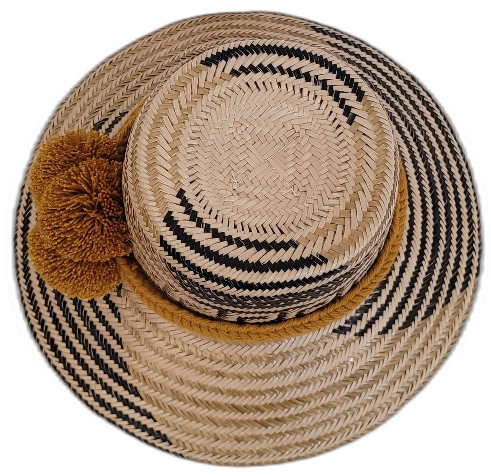 Wayuu handmade hat, colorful and lightweight, with mustard pompoms and detailed black design.

