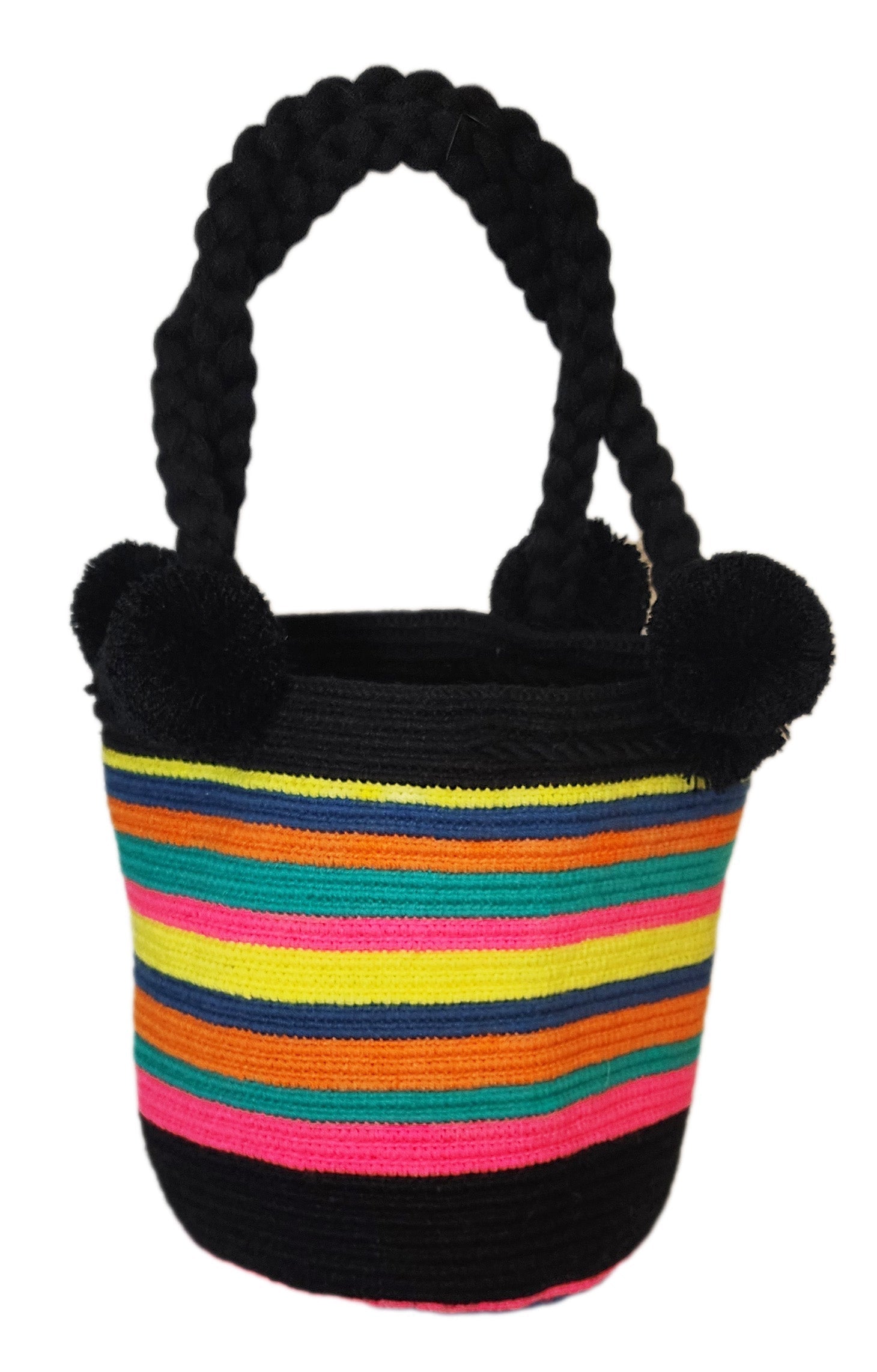 Bottom view Crochet colorful Wayuu tote with bold stripes and braided handles