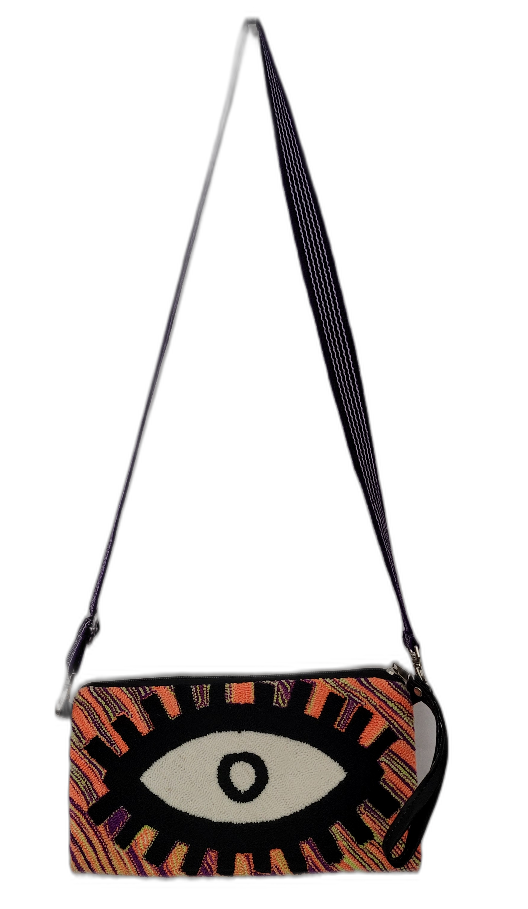 1 Boho punch needle clutch with bold evil eye design in black, white, purple, and orange

