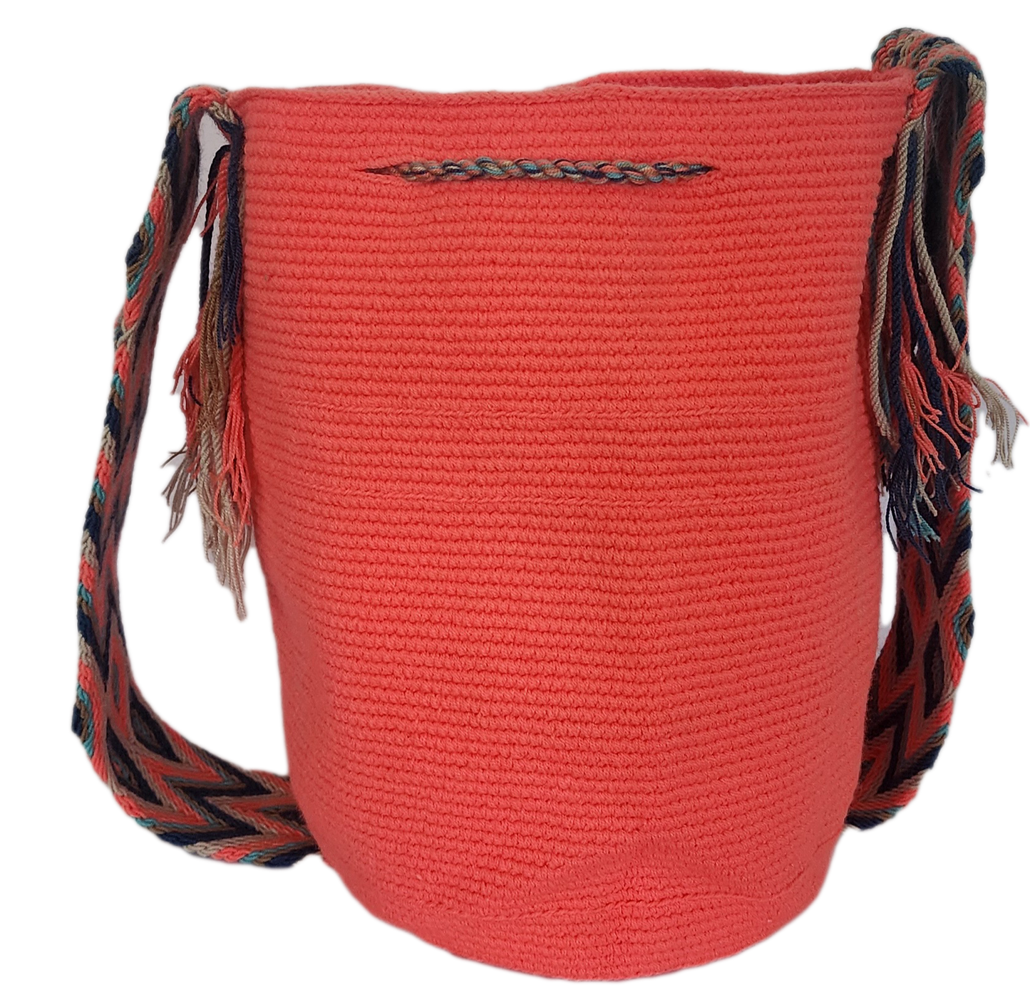 Bohemian Wayuu crochet bag featuring a coral base, striped multicolor tassels, and artisan-style strap — handmade for bold fashion lovers.