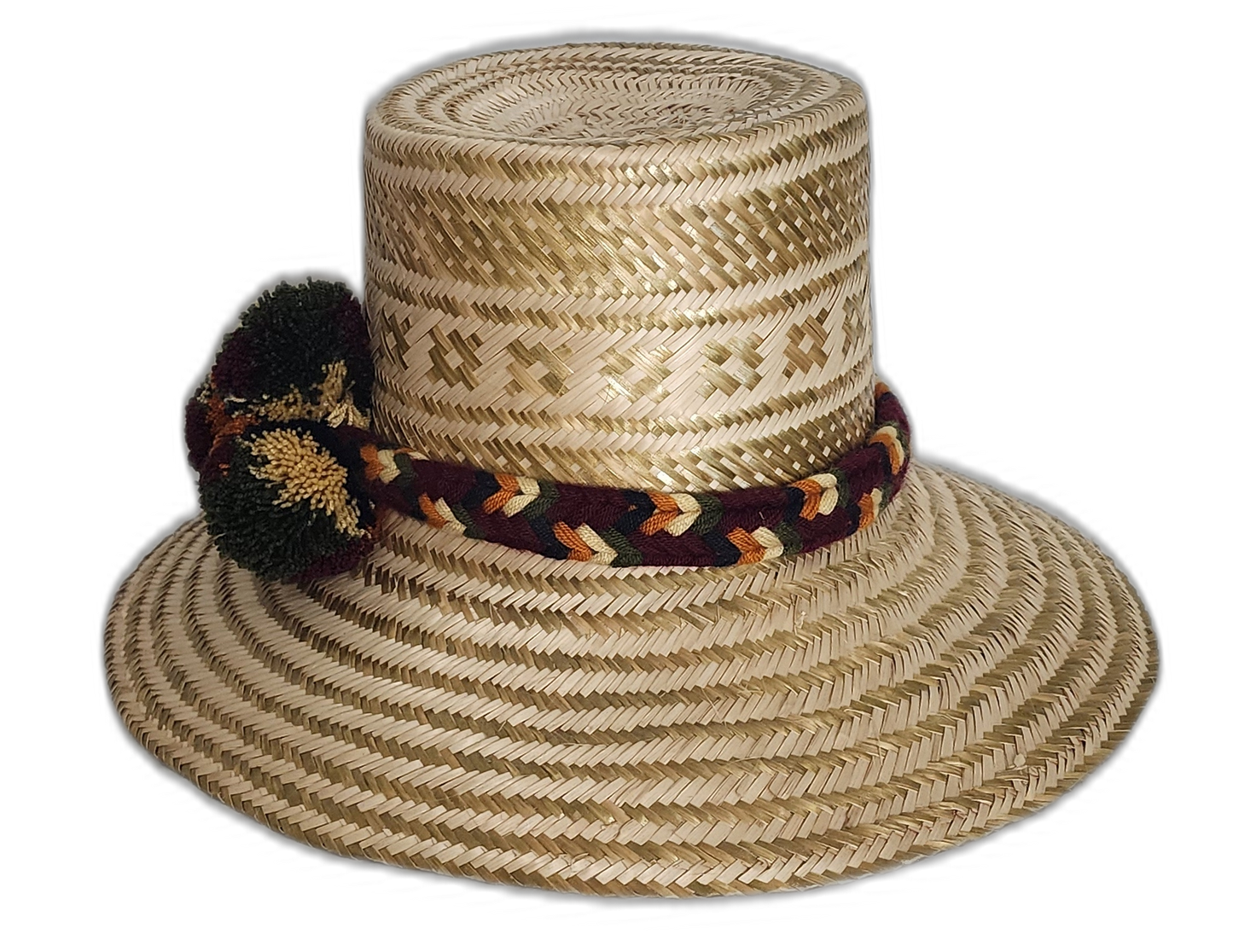 Natural straw Boho hat with intricate band and deep earthy tones.Natural straw bohemian hat with braided red-gold band and soft color pompoms

