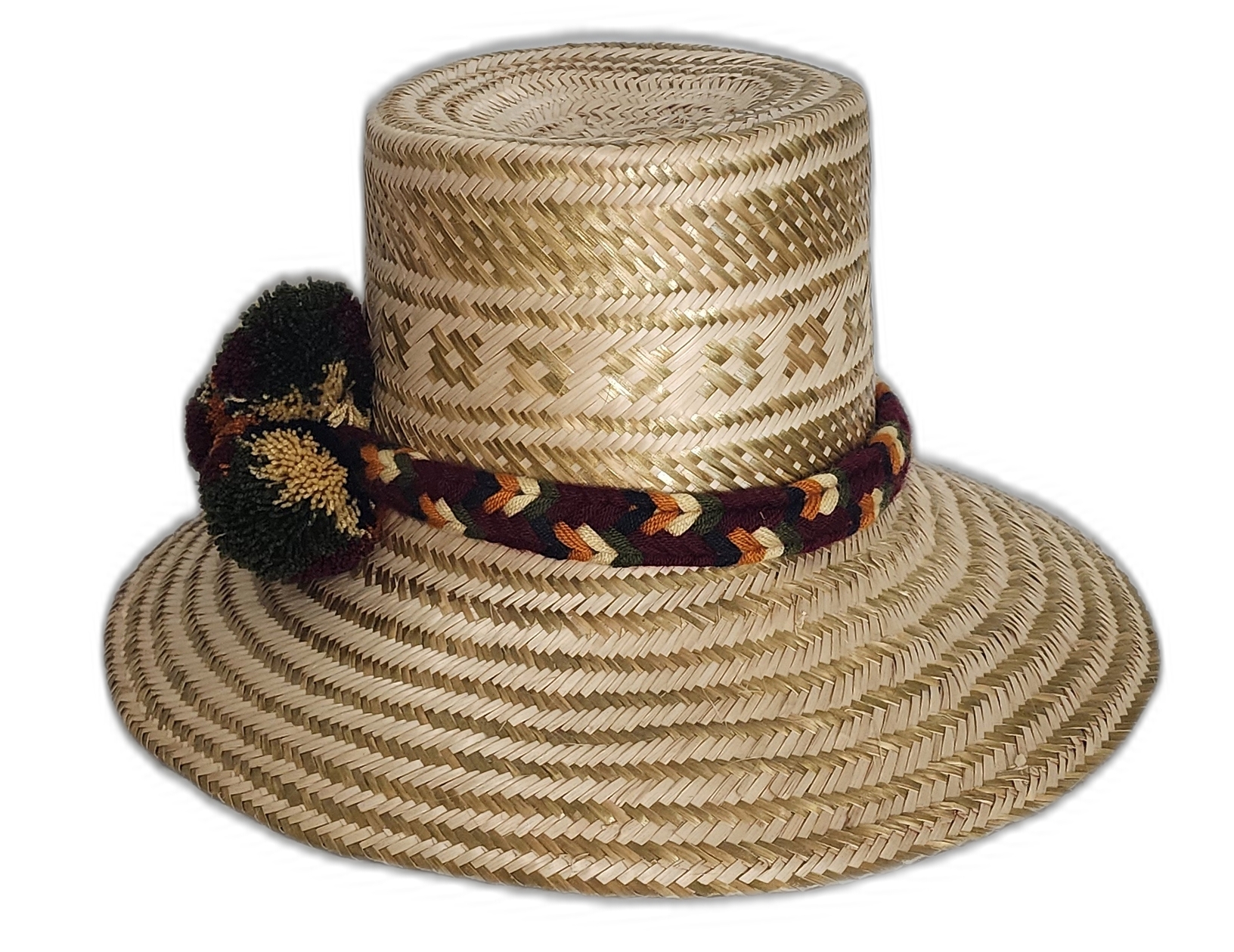 Natural straw Boho hat with intricate band and deep earthy tones.Natural straw bohemian hat with braided red-gold band and soft color pompoms

