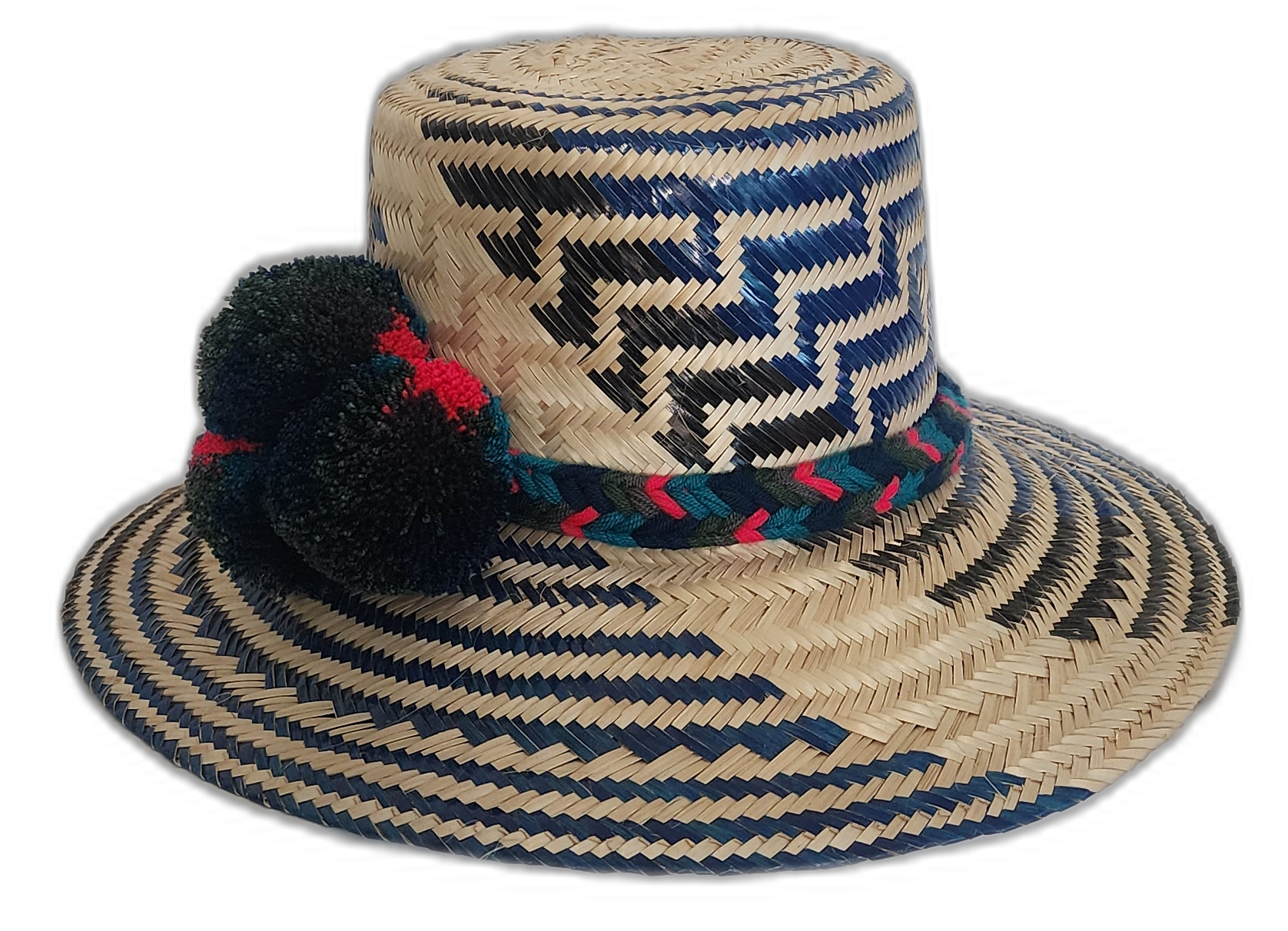 Artisan Boho hat with geometric blue-black weave and bold pompom accent.Elegant bohemian straw hat with cultural patterns and soft woven band

