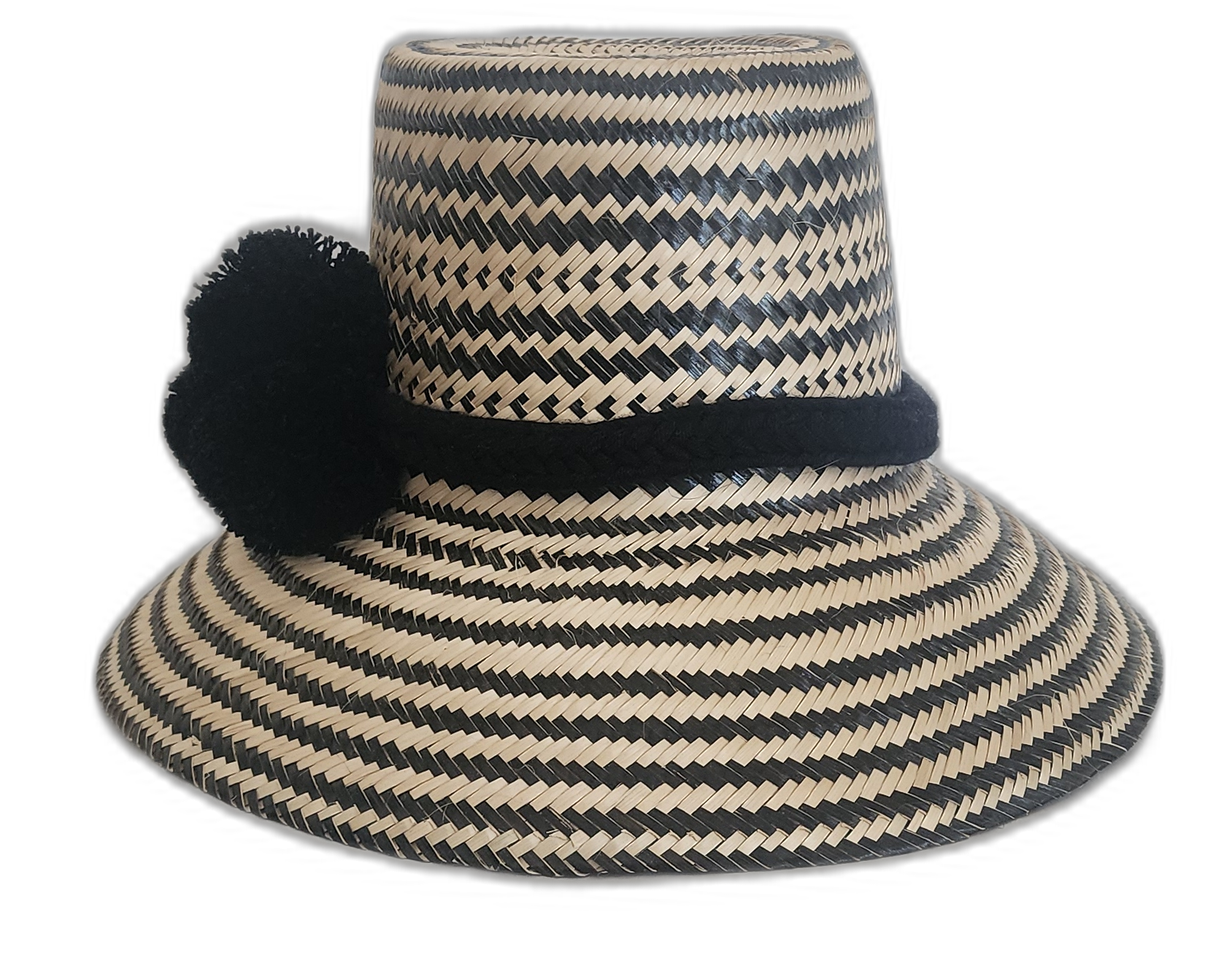 Black and beige Boho straw hat crafted by Wayuu artisans with wool band