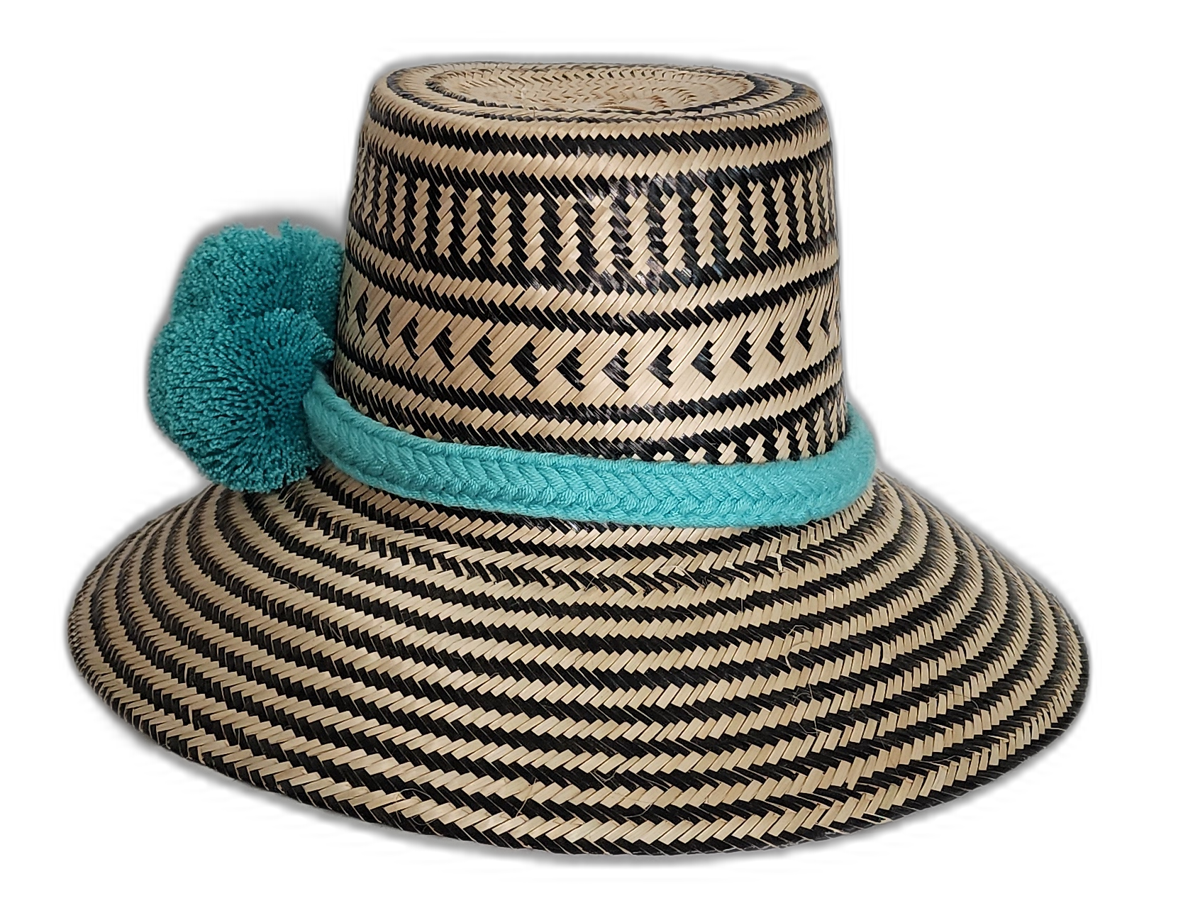 Artisan Wayuu hat in black and tan with turquoise wool band and pompoms.Natural straw boho hat with horizontal black stripes and bright turquoise accents

