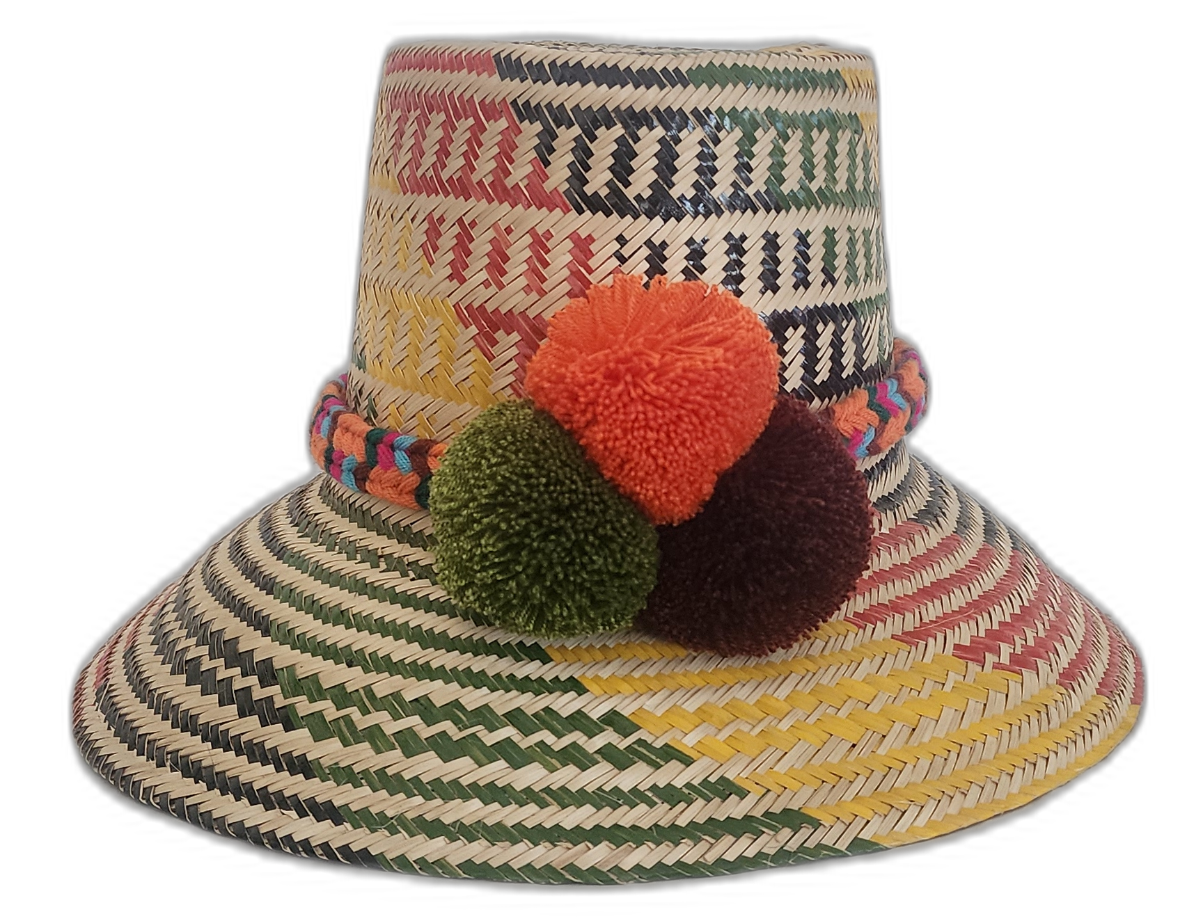Handmade Wayuu hat in colorful straw with multicolor pompoms and woven band.Rylee handmade bohemian Wayuu hat with colorful green, red, and yellow weave

