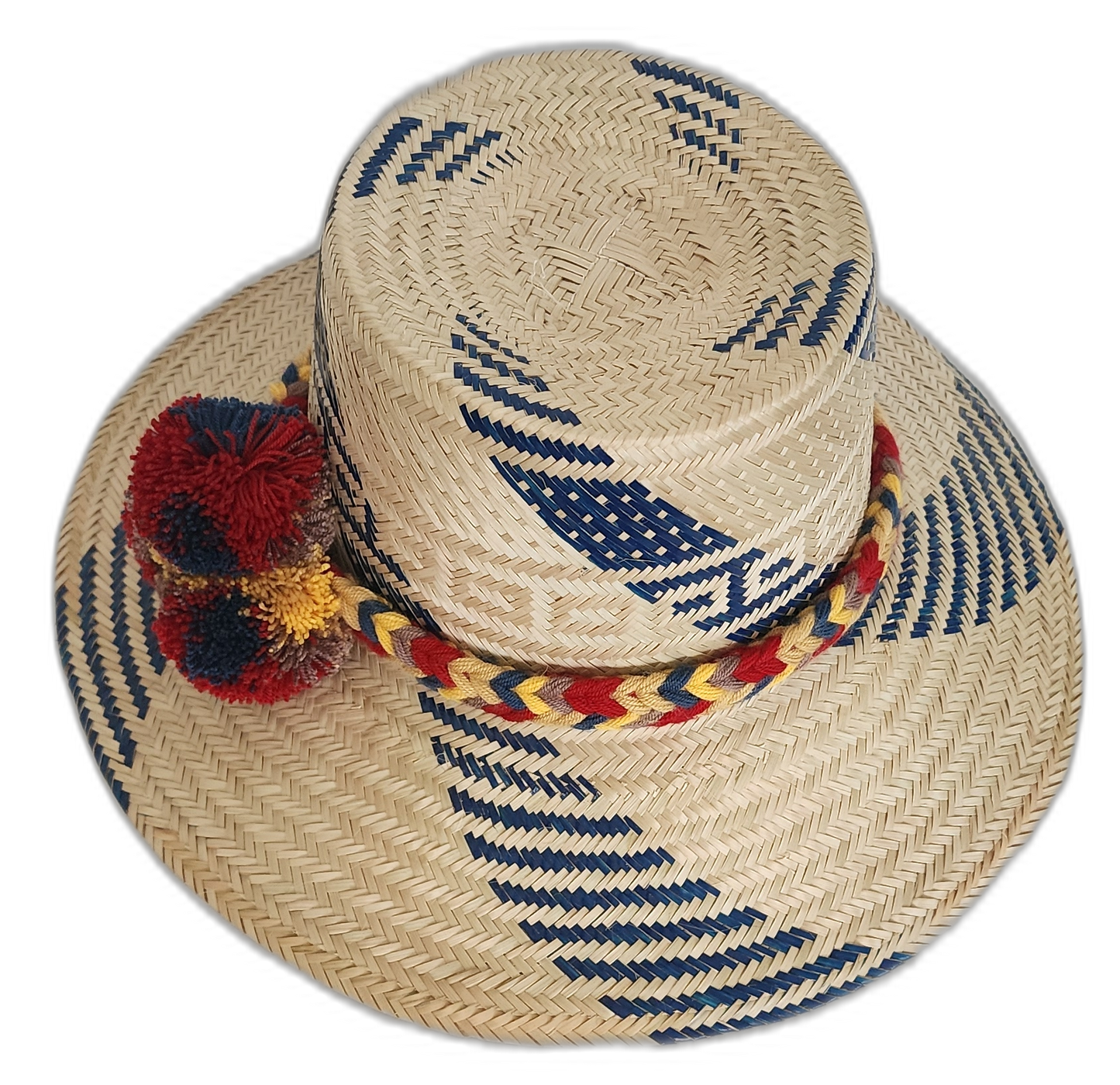 Wayuu hat made from Iraca palm with multicolor band and bold textures
