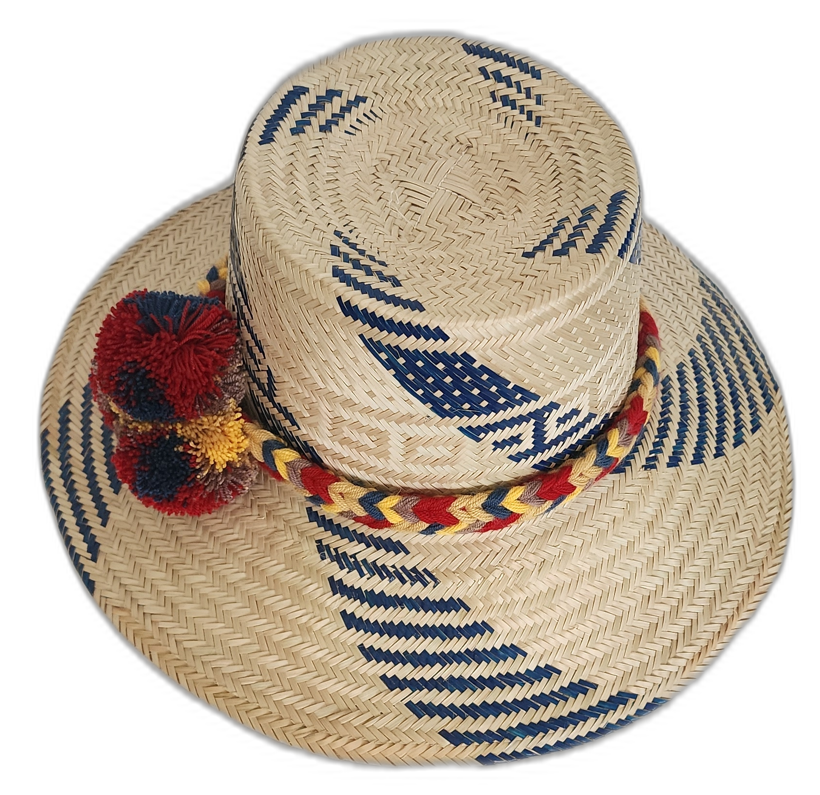 Wayuu hat made from Iraca palm with multicolor band and bold textures