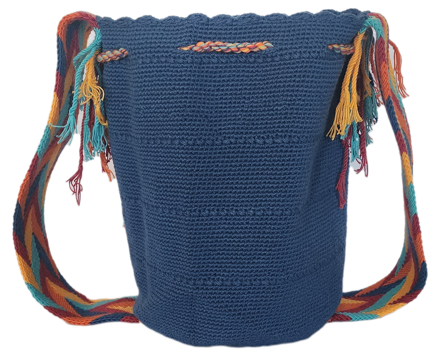 Colorful and handmade Wayuu crochet mochila in blue with multicolor braided strap and detailed tassels — Bohemian charm.