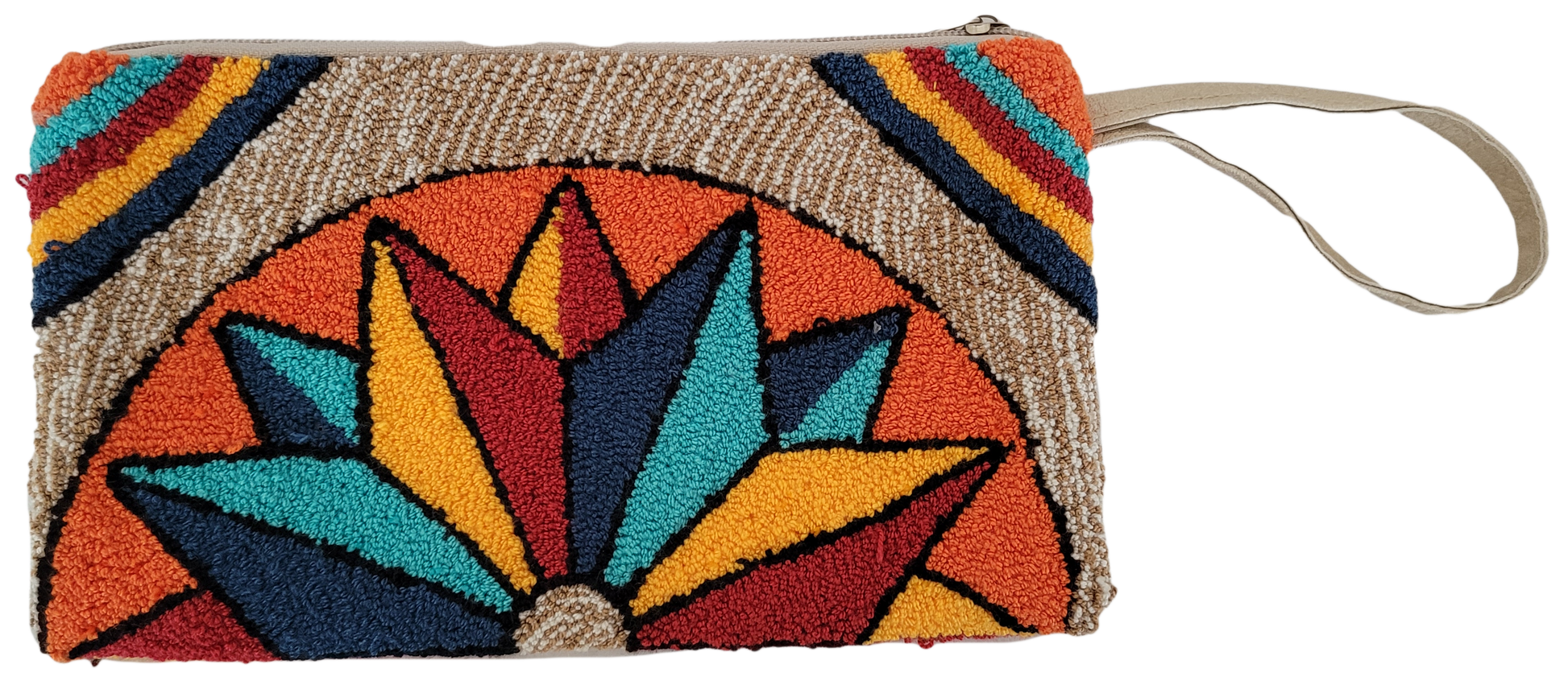 1 Bohemian punch needle crochet clutch in vibrant earth tones with adjustable strap

