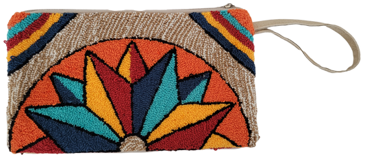 Bohemian punch needle crochet clutch in vibrant earth tones with adjustable strap

