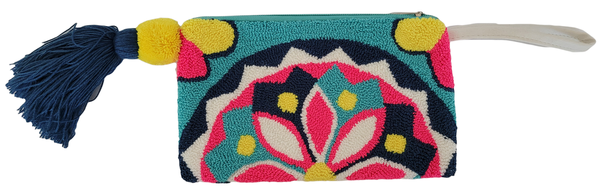 1 Bohemian Wayuu clutch named Evelynn featuring bold crochet in bright colors

