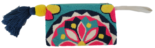 Bohemian Wayuu clutch named Evelynn featuring bold crochet in bright colors

