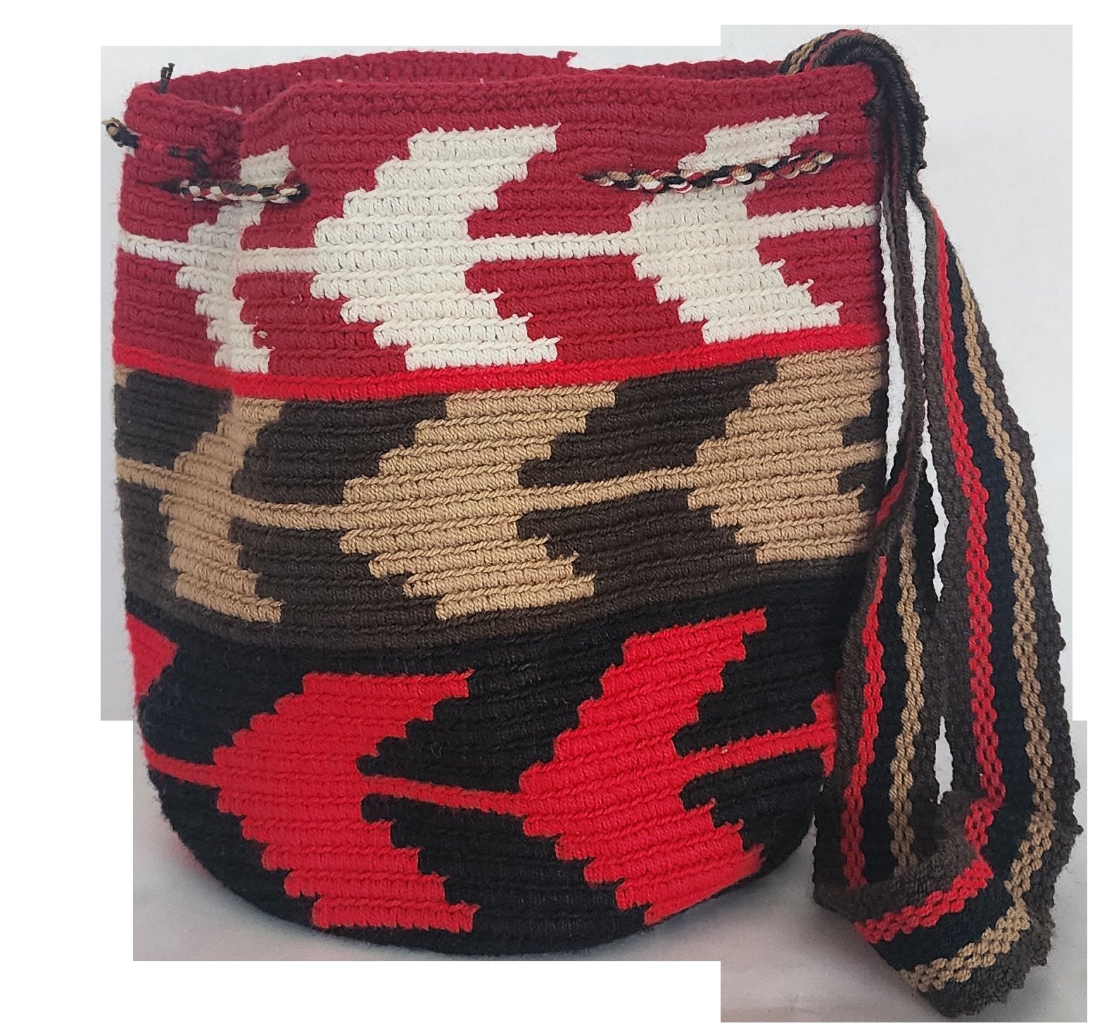 Bottom view Artisan-crafted Wayuu shoulder bag with red, tan, and black color blocks and crochet tassels — a bold, handmade boho accessory.