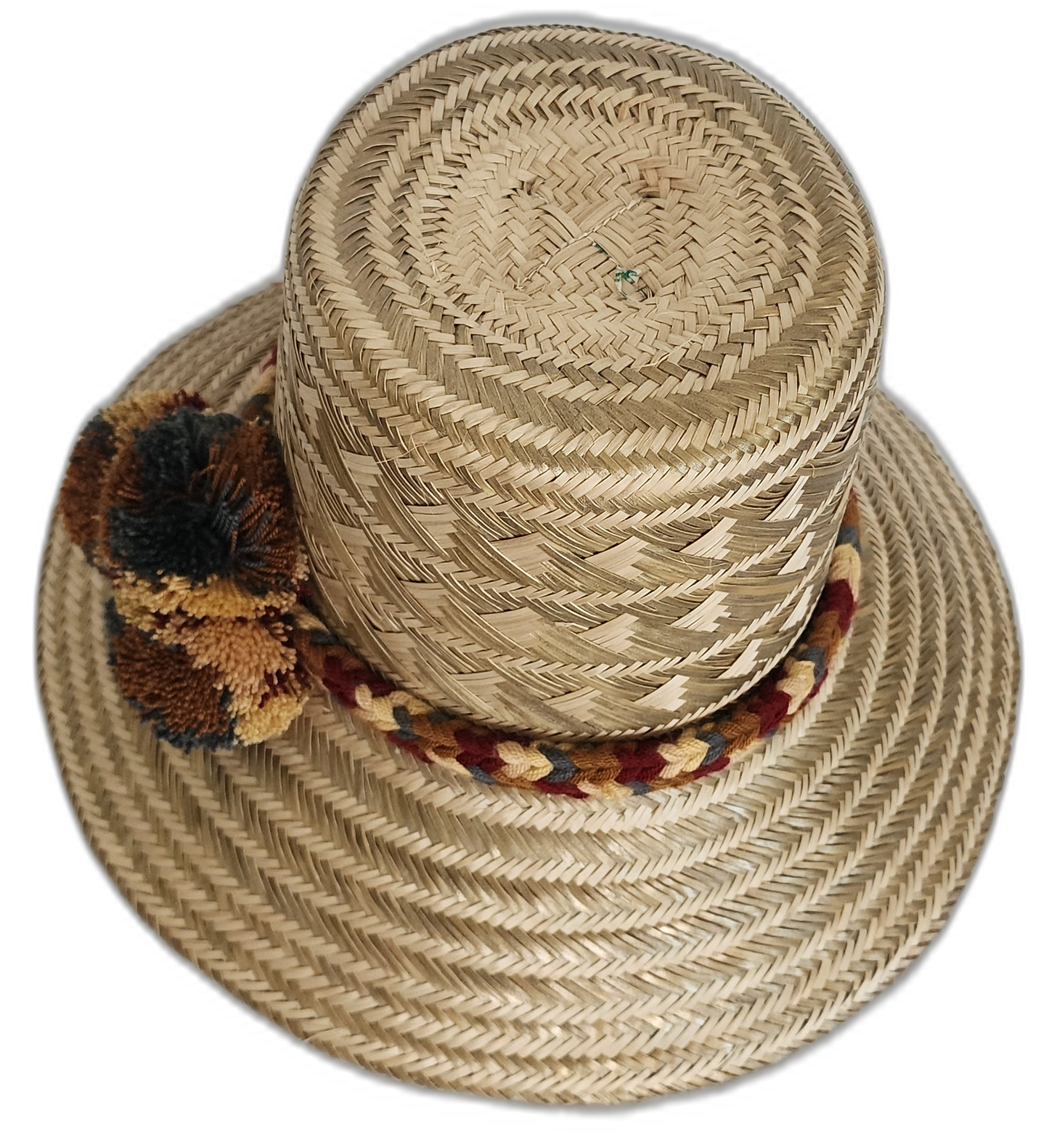 Bohemian straw hat featuring handmade accents in brown, gold, and black