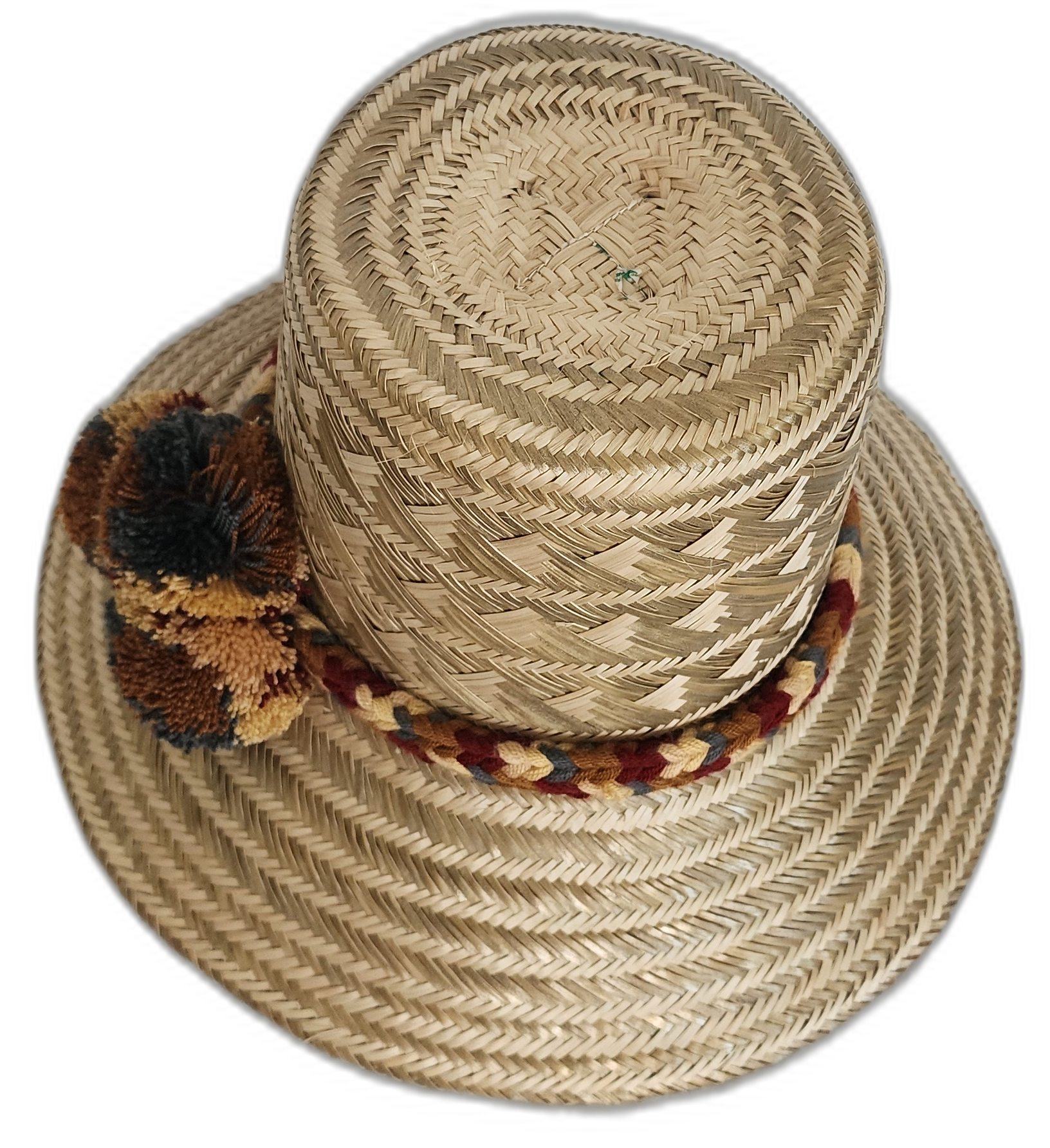 Bohemian straw hat featuring handmade accents in brown, gold, and black