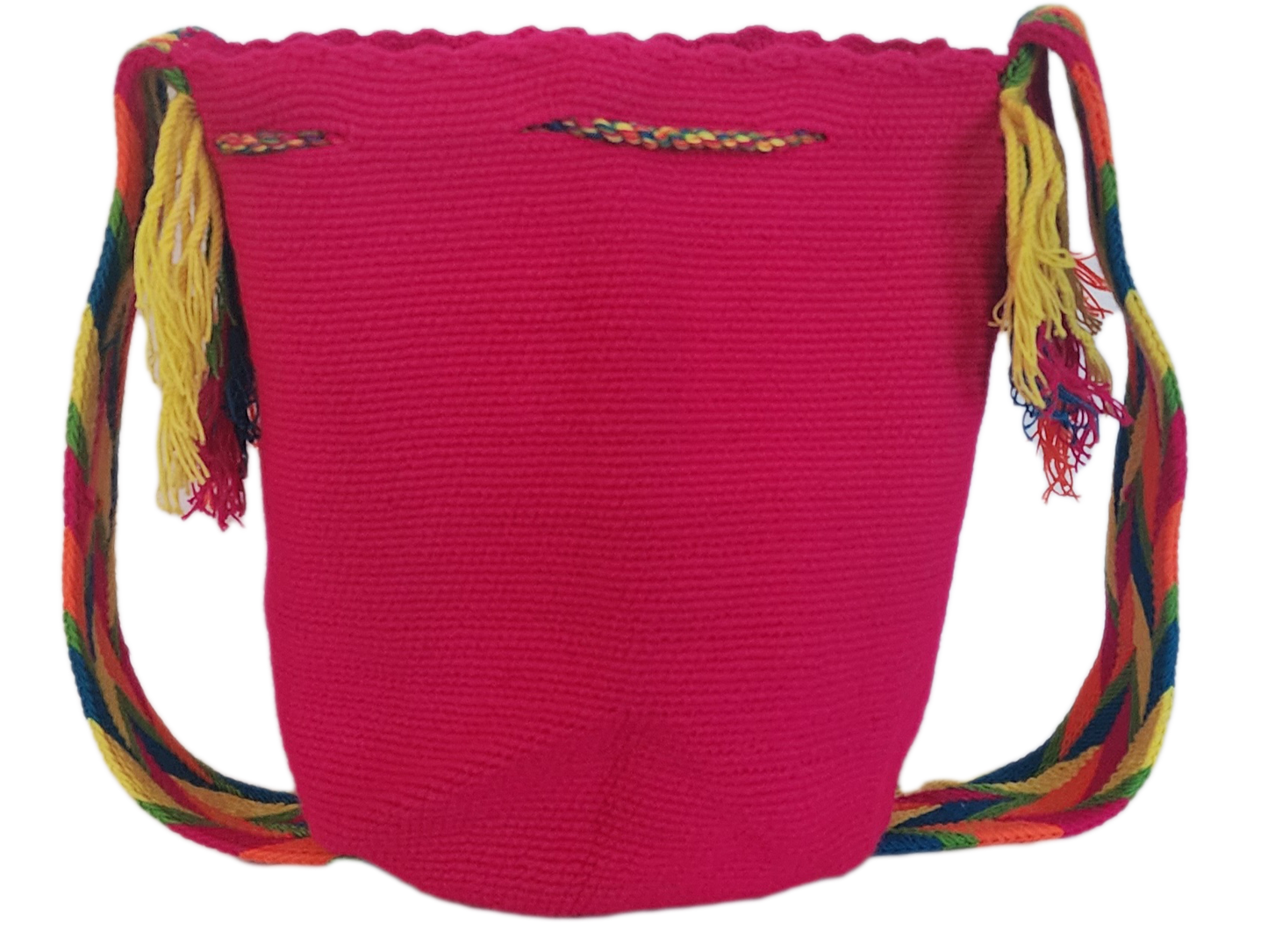 Colorful and crochet pink Wayuu mochila bag featuring double tassels and a bold Boho-chic strap.