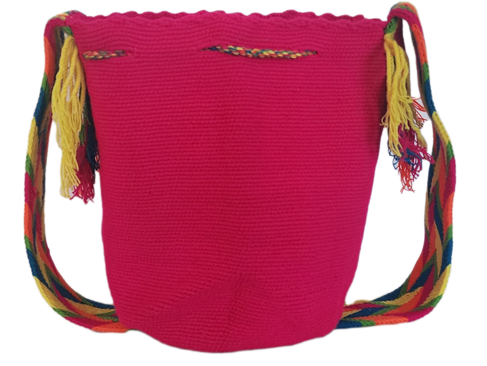 Bottom view Colorful and crochet pink Wayuu mochila bag featuring double tassels and a bold Boho-chic strap.