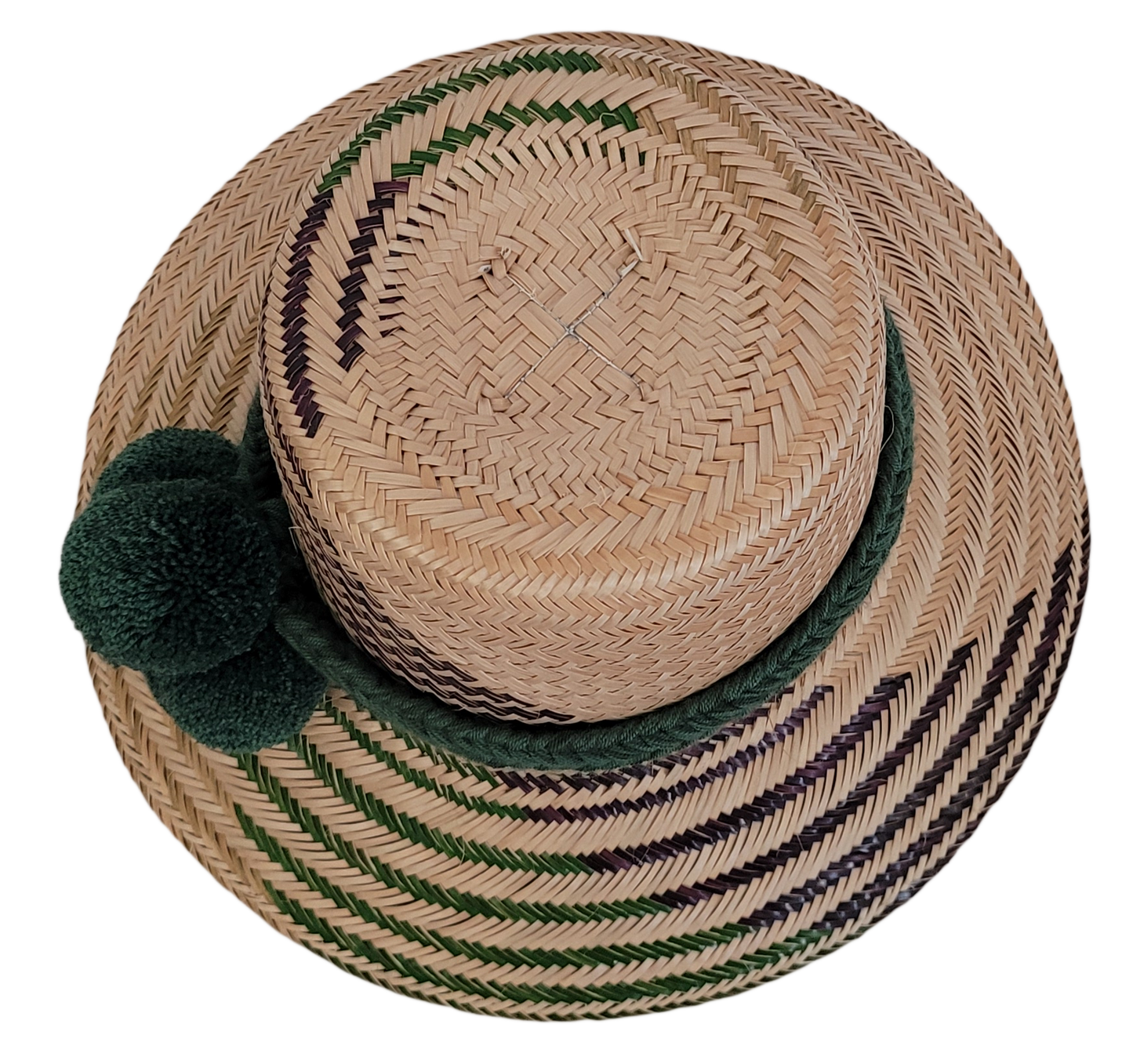 Unique handmade Wayuu straw hat, Boho chick style, deep green pompoms and green-purple beige patterns.

