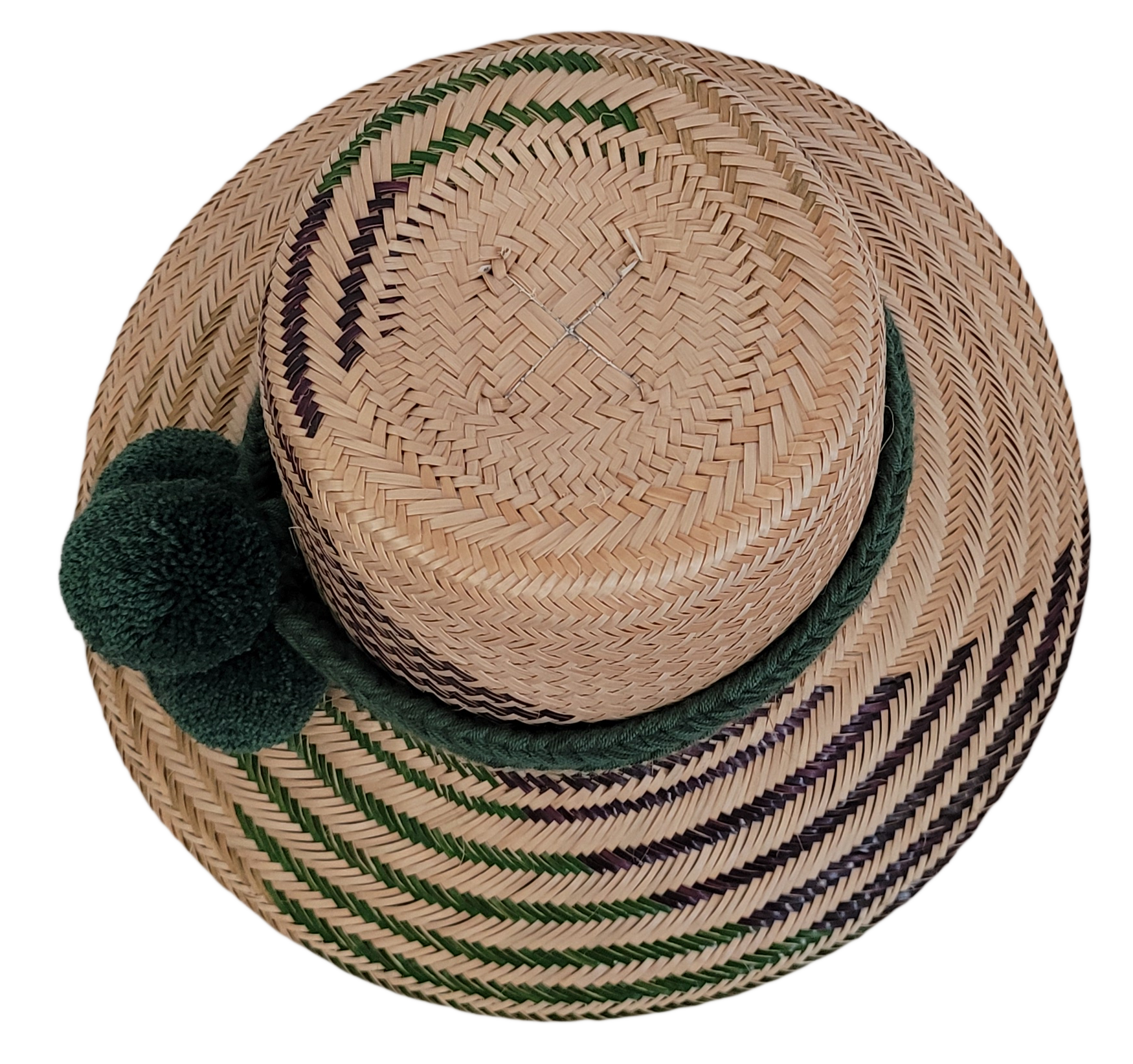 Unique handmade Wayuu straw hat, Boho chick style, deep green pompoms and green-purple beige patterns.

