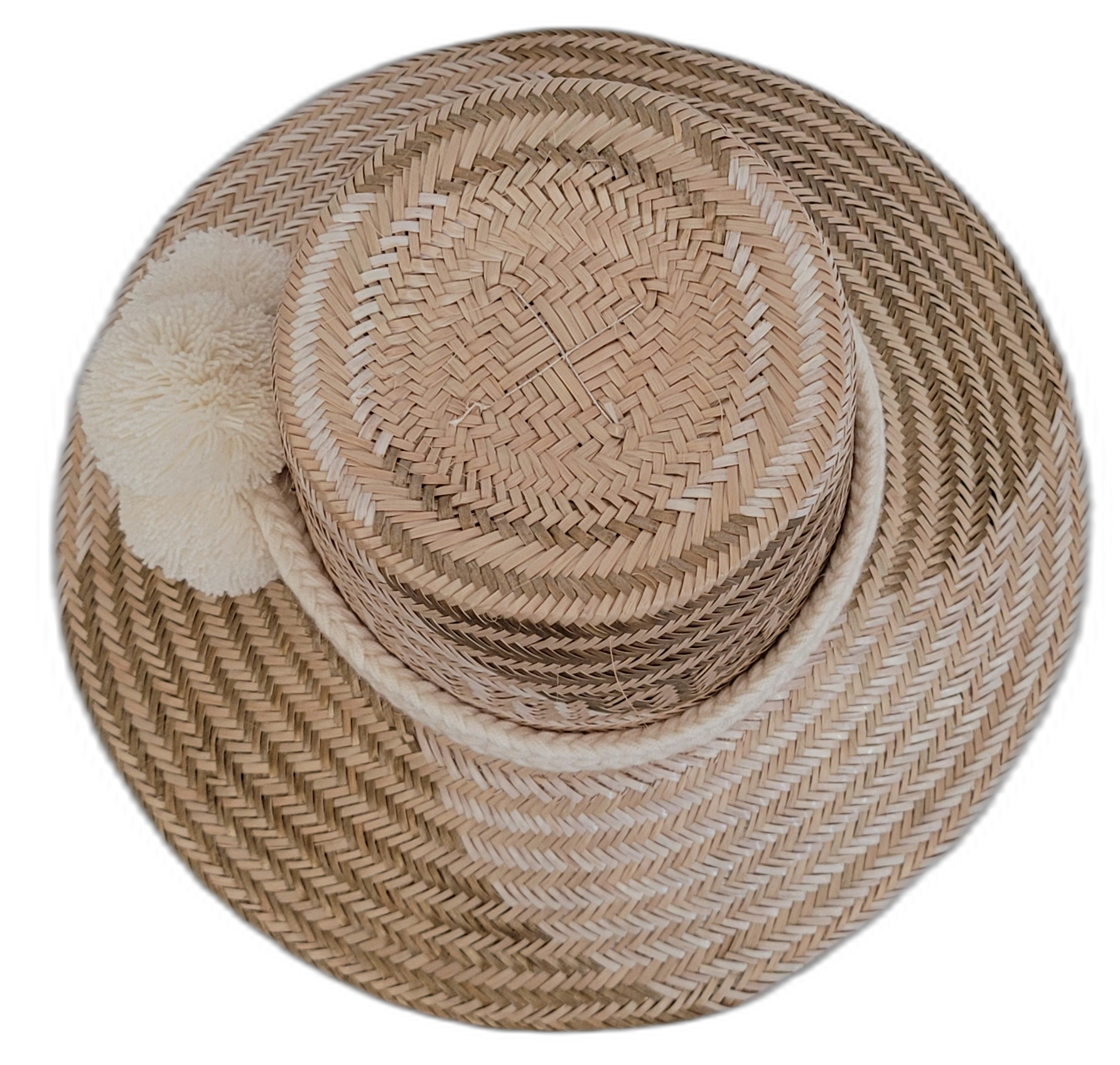 Boho Chic hat, Wayuu artisan-made, straw hat with delicate cream pompoms and beige-light brown weave.

