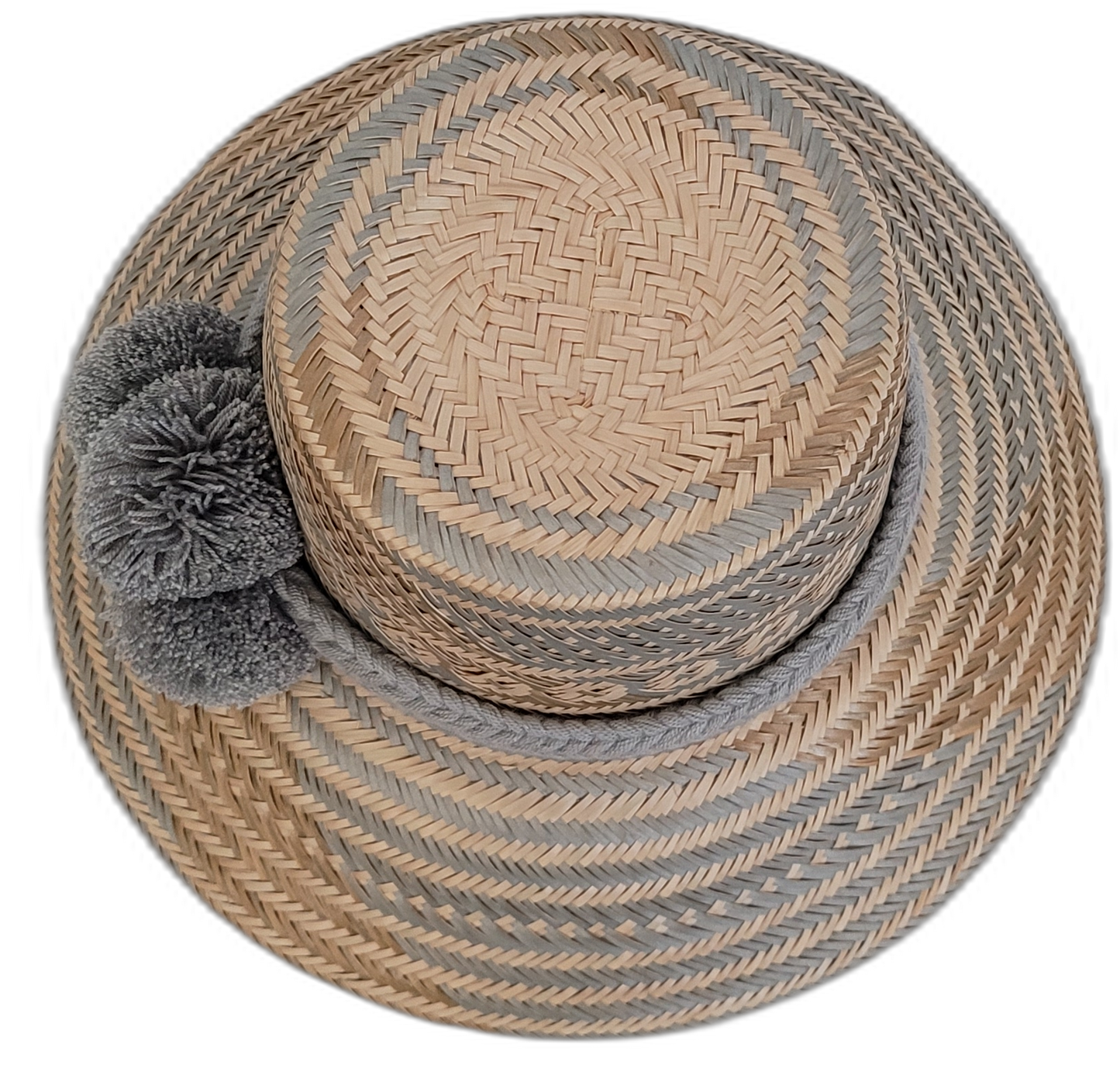 Unique handmade Wayuu straw hat, Boho chick style, soft gray pompoms and beige-gray patterns.

