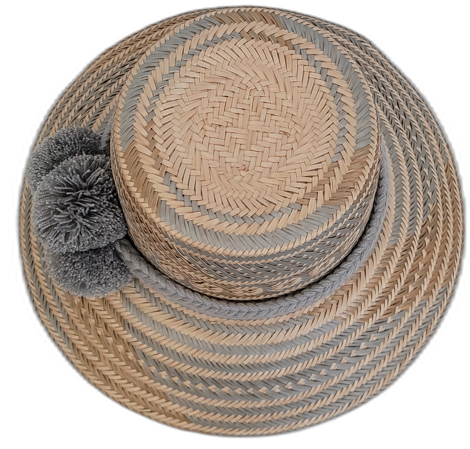 Unique handmade Wayuu straw hat, Boho chick style, soft gray pompoms and beige-gray patterns.

