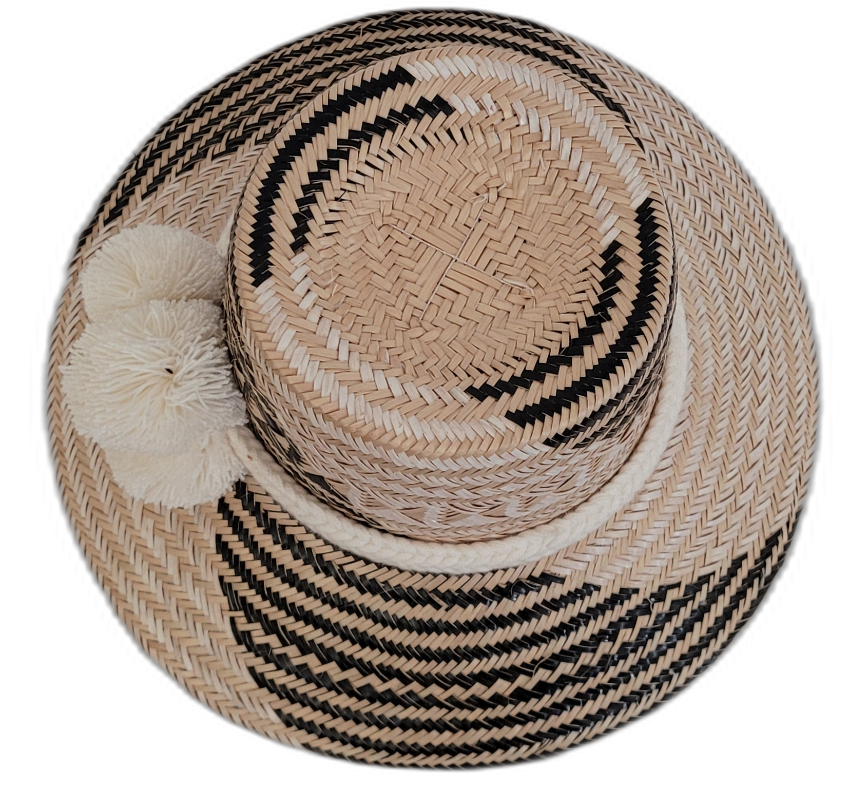 Boho Chic hat, Wayuu artisan-made, straw hat with soft cream pompoms and black-beige accents.


