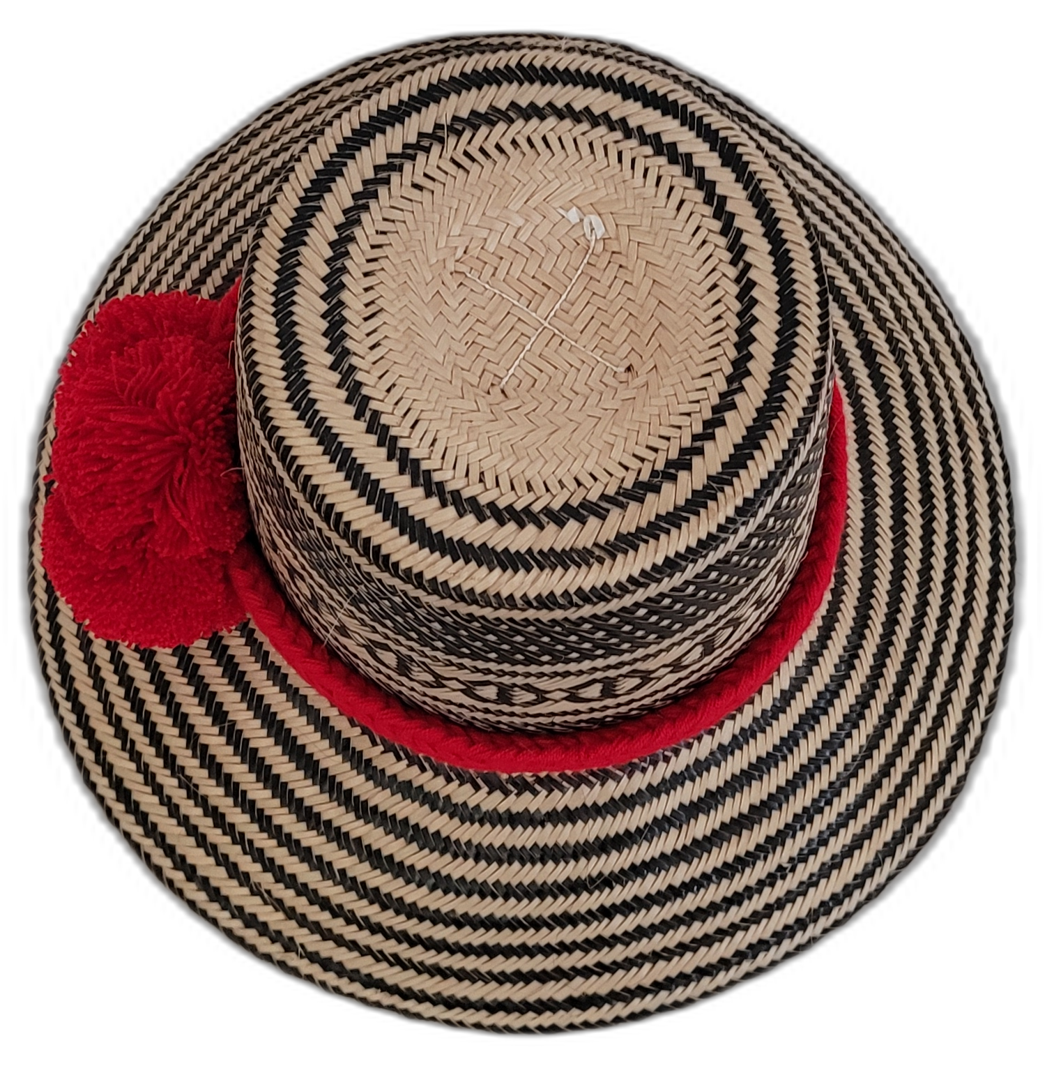Boho Chic hat, Wayuu artisan-made, straw hat with vivid red pompoms and black-beige accents.

