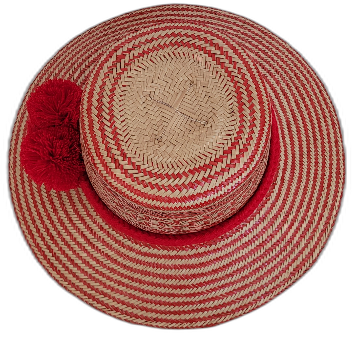 Boho Chic hat, Wayuu artisan-made, straw hat with striking red pompoms and vibrant red-beige details.

