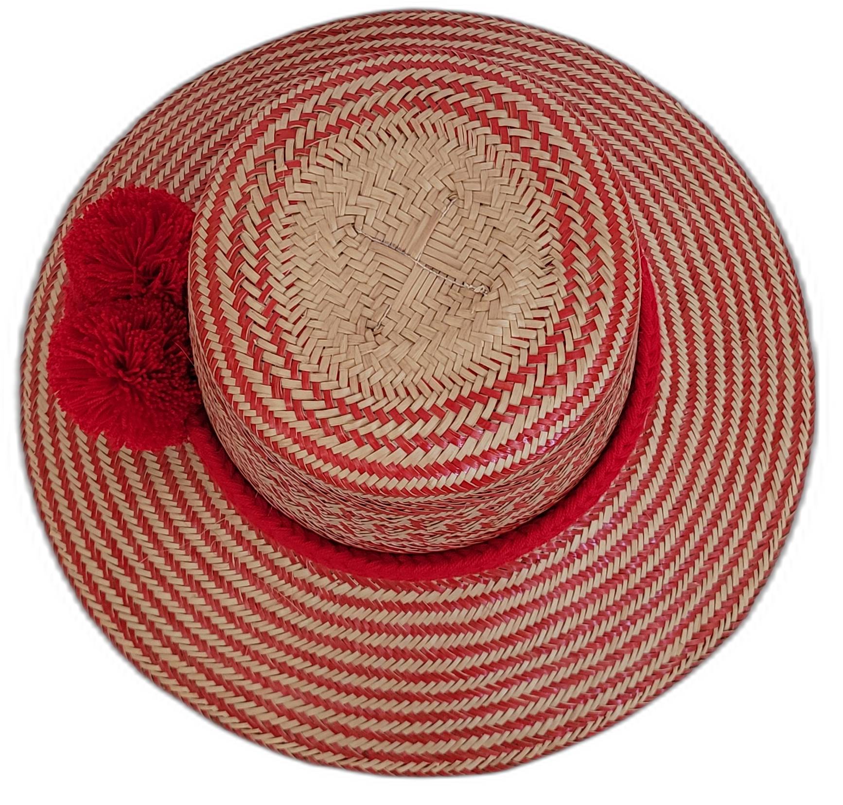 Boho Chic hat, Wayuu artisan-made, straw hat with striking red pompoms and vibrant red-beige details.

