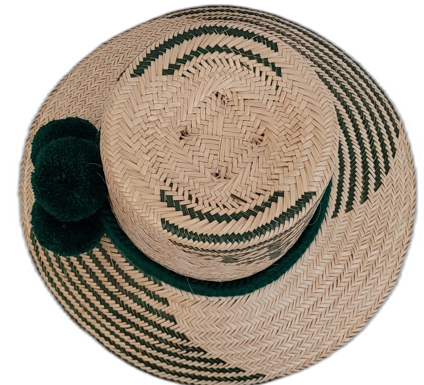 Unique handmade Wayuu straw hat, Boho chick style, green pompoms and beige patterns, artisan-crafted.