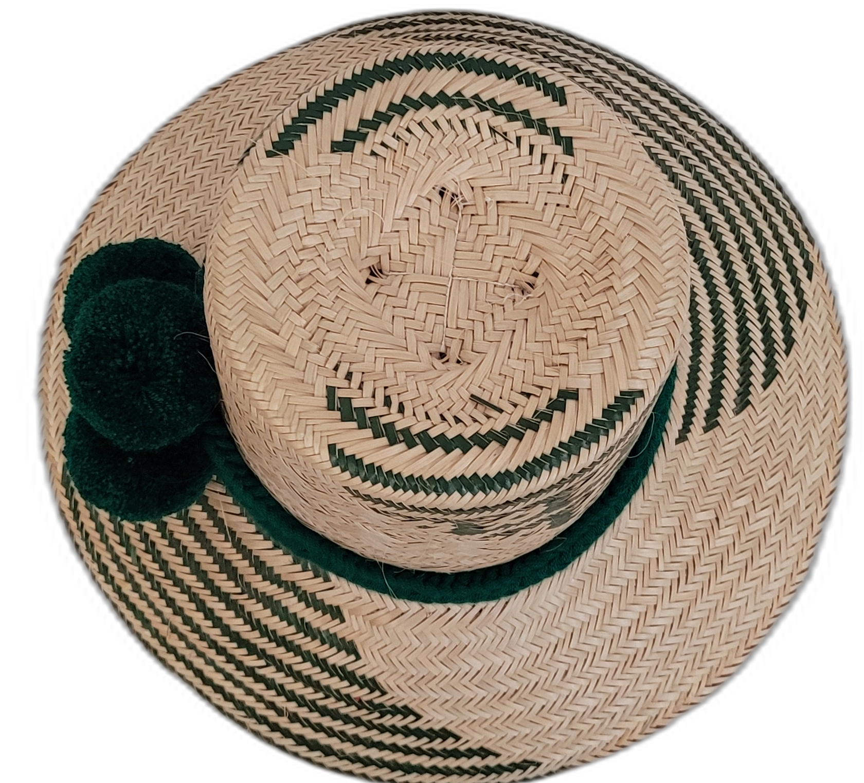 Unique handmade Wayuu straw hat, Boho chick style, green pompoms and beige patterns, artisan-crafted.