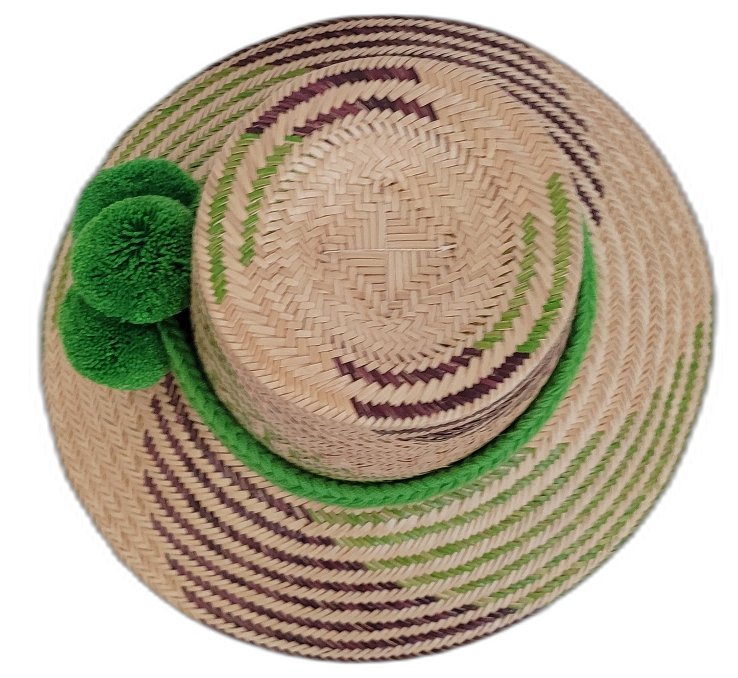 Boho Chic hat, Wayuu artisan-made, straw hat with vibrant green pompoms and purple-beige details.

