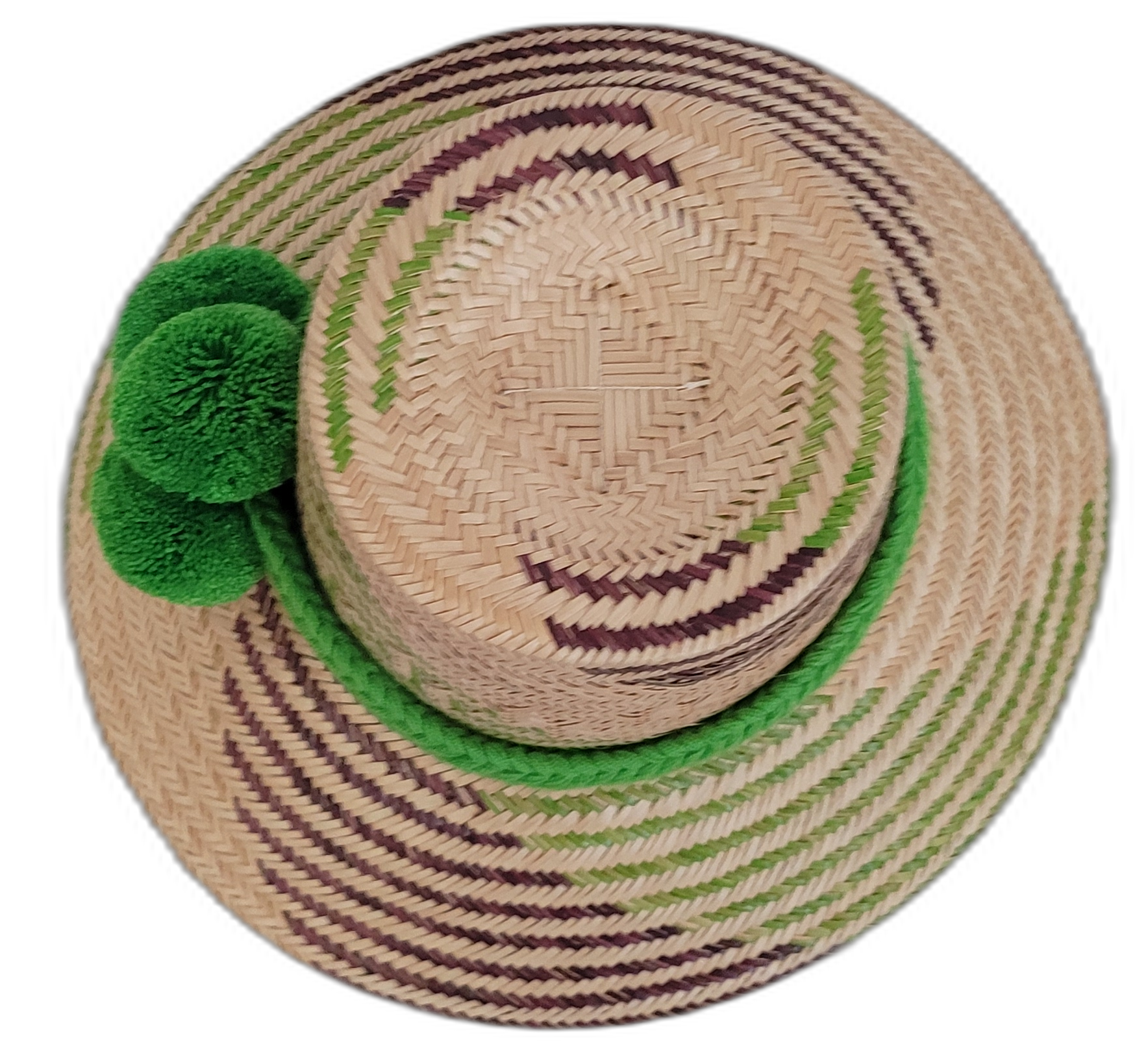 Boho Chic hat, Wayuu artisan-made, straw hat with vibrant green pompoms and purple-beige details.


