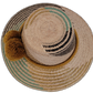 Boho Chic hat, Wayuu artisan-made, straw hat with golden brown pompoms and mint-gold beige details.

