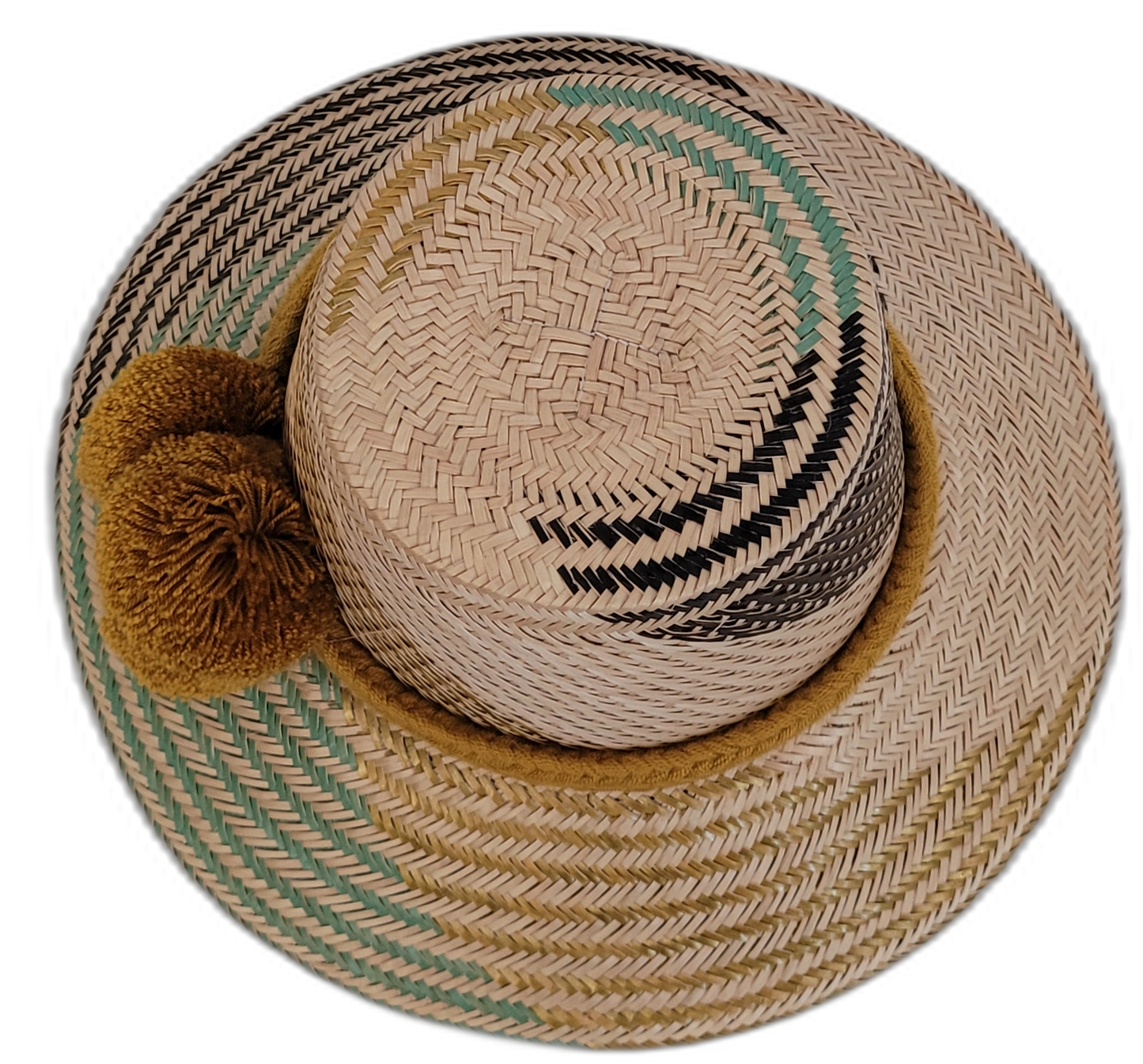 Boho Chic hat, Wayuu artisan-made, straw hat with golden brown pompoms and mint-gold beige details.

