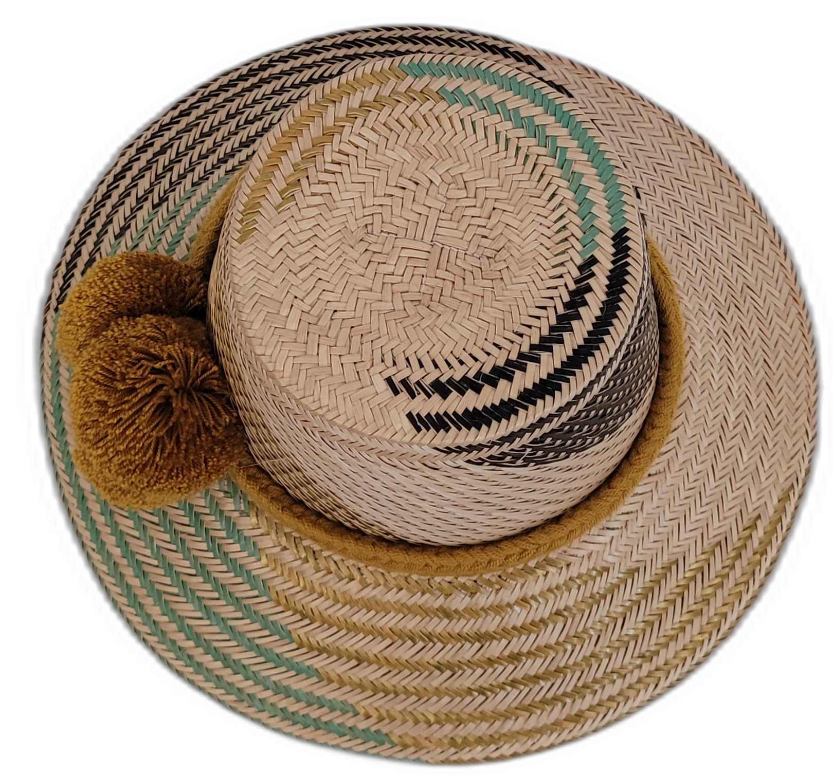 Boho Chic hat, Wayuu artisan-made, straw hat with golden brown pompoms and mint-gold beige details.

