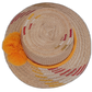 Boho Chic hat, Wayuu artisan-made, straw hat with vibrant orange pompoms and red-yellow accents.

