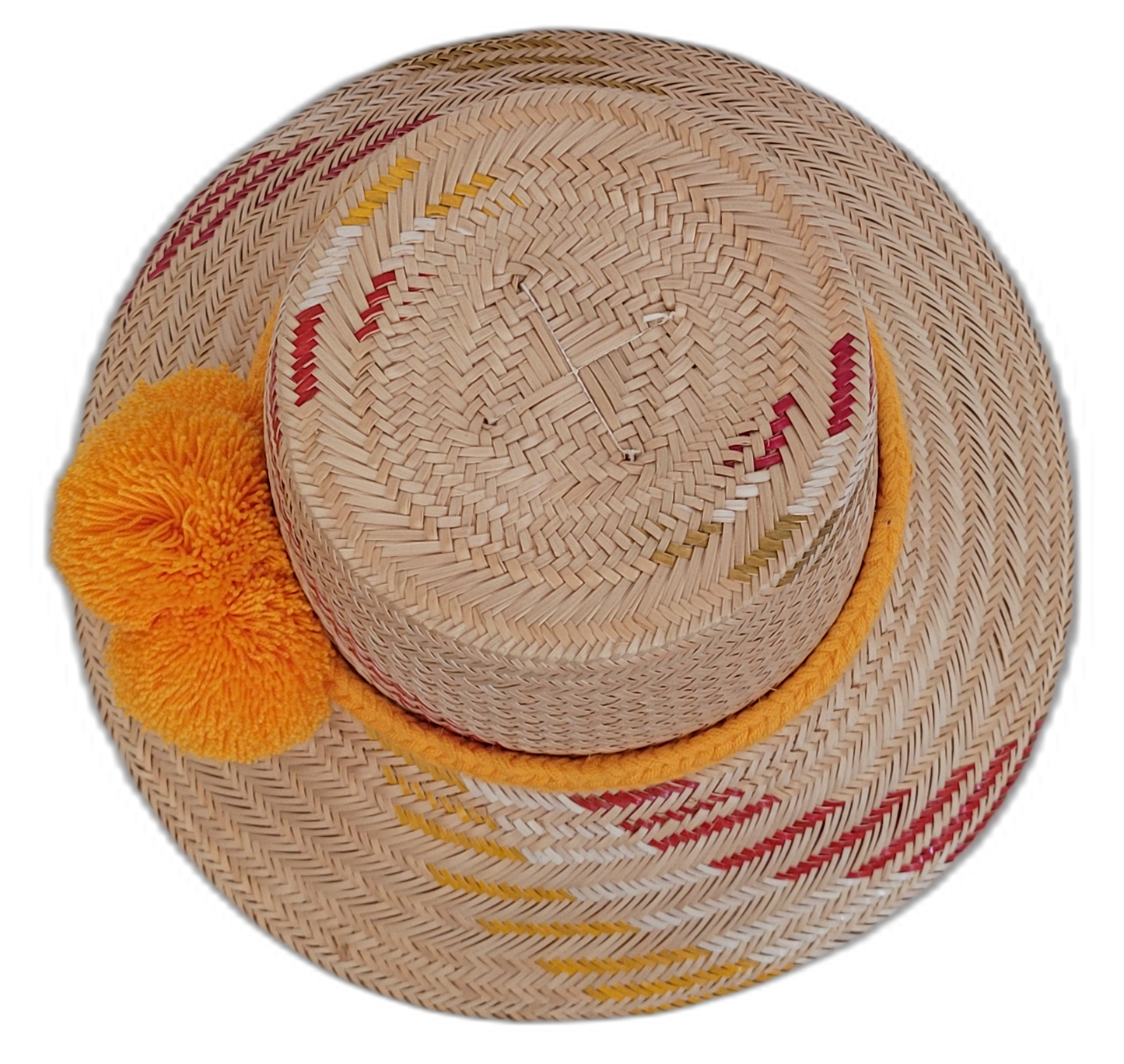 Boho Chic hat, Wayuu artisan-made, straw hat with vibrant orange pompoms and red-yellow accents.


