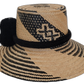 Boho straw hat with black pompoms and artisan Wayuu woven design