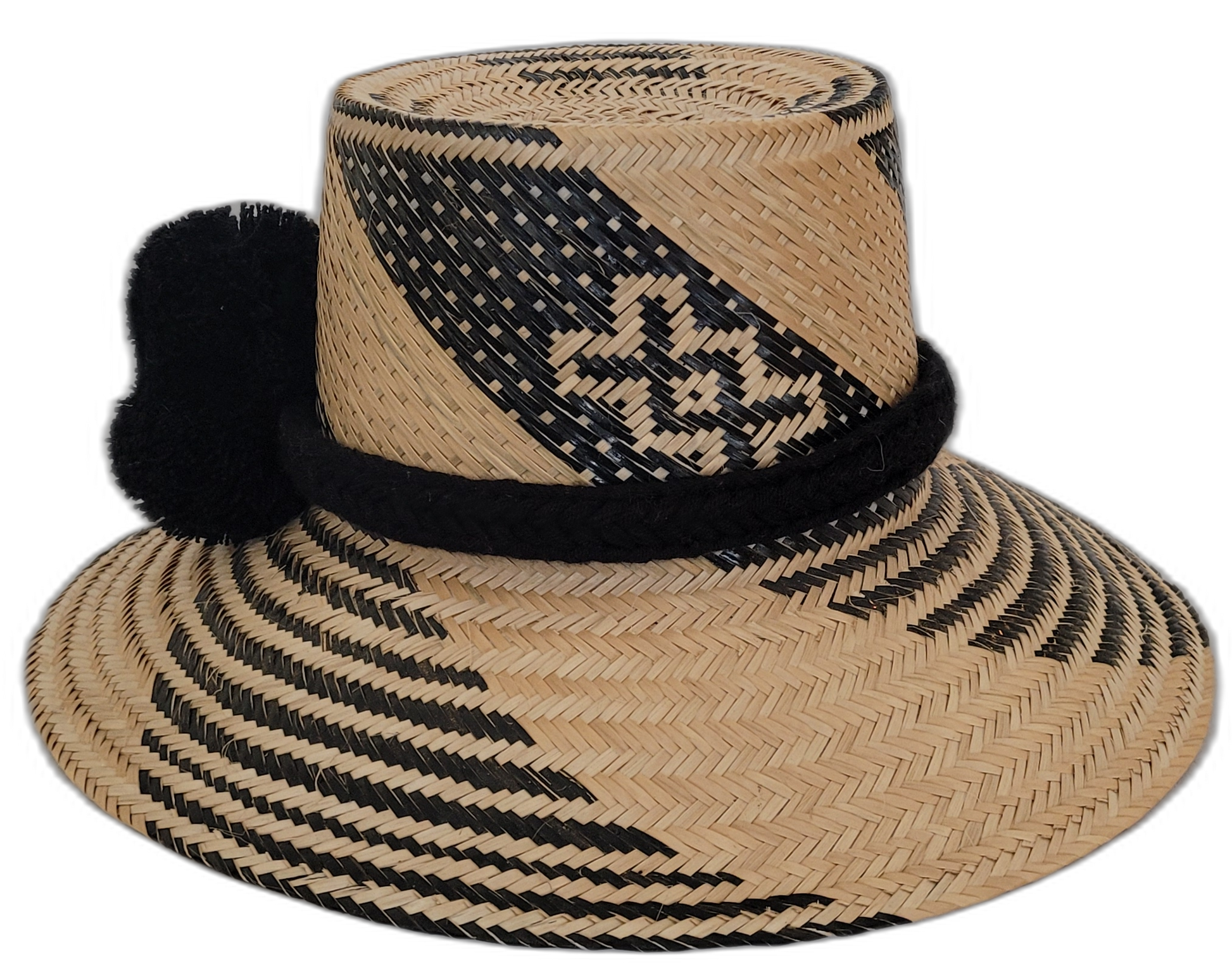 Boho straw hat with black pompoms and artisan Wayuu woven design