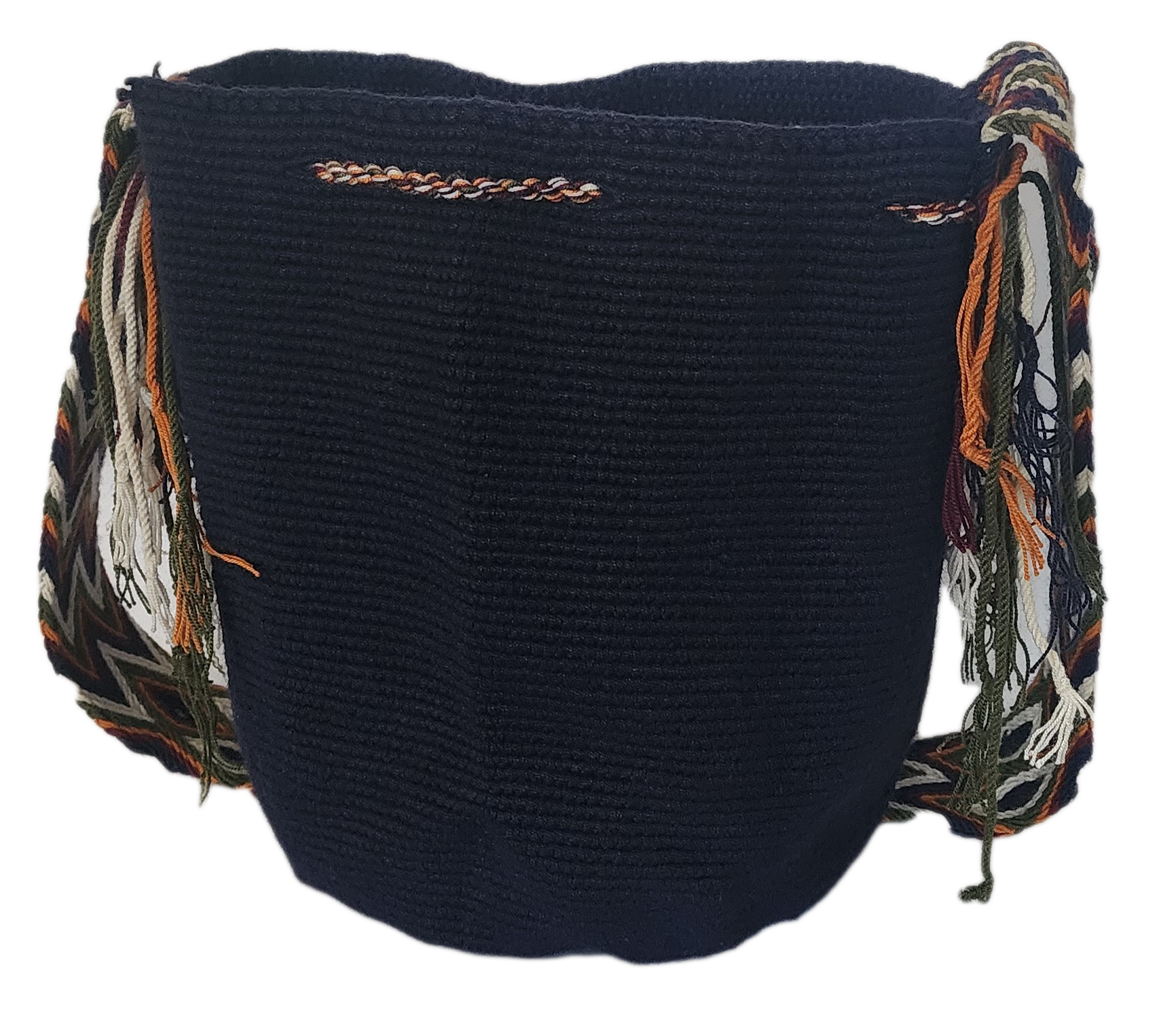 Bottom view Artisan-crafted black Wayuu crochet bag with long multicolor tassels and chevron strap — Boho elegance.
