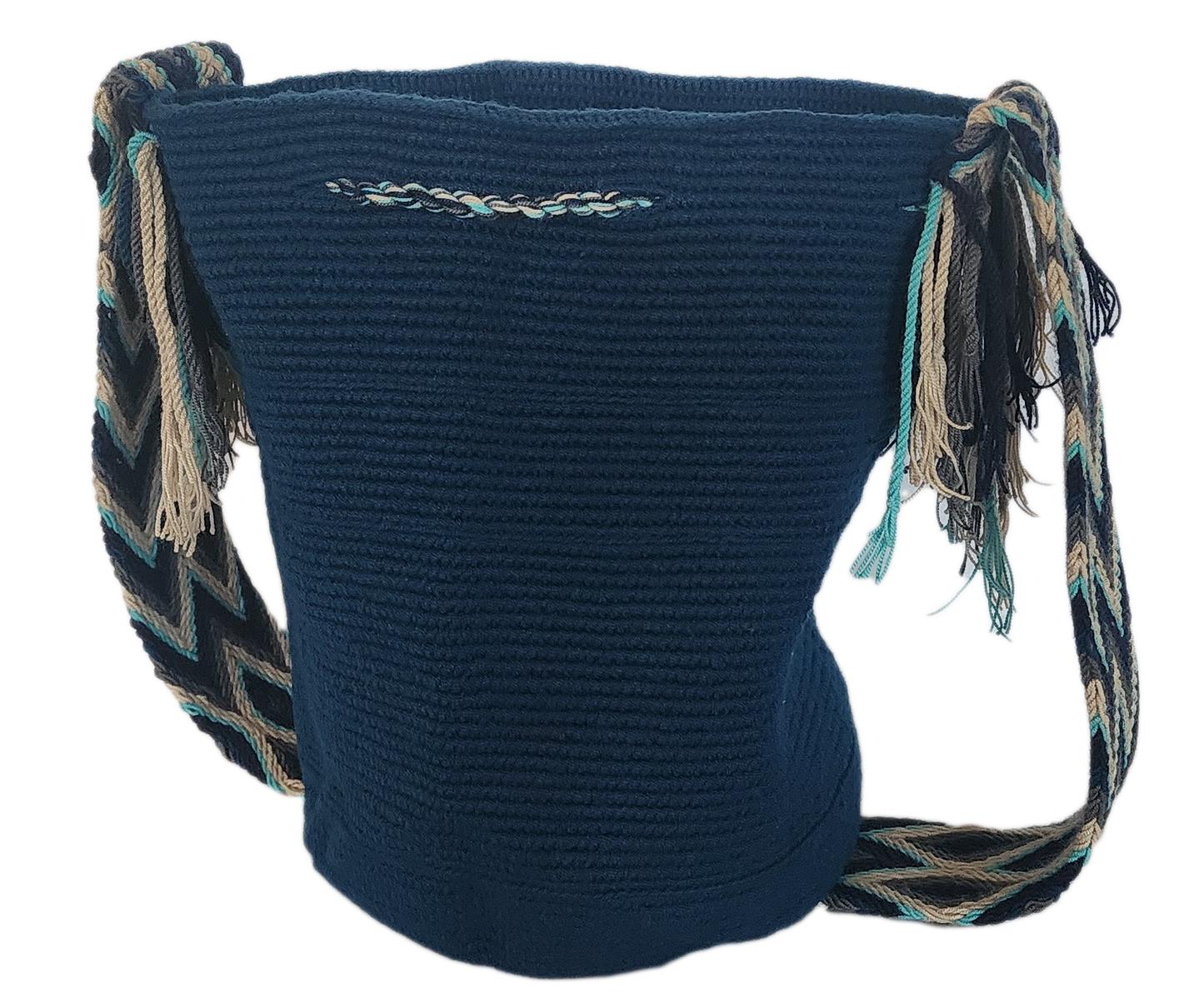 Boho-chic handmade crochet Wayuu bag in dark blue with vibrant blue tassels and unique strap design.
