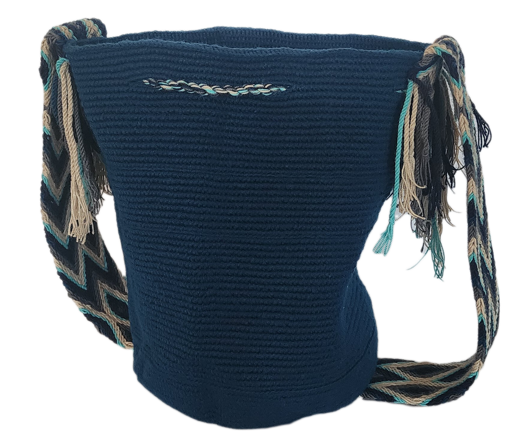 Boho-chic handmade crochet Wayuu bag in dark blue with vibrant blue tassels and unique strap design.