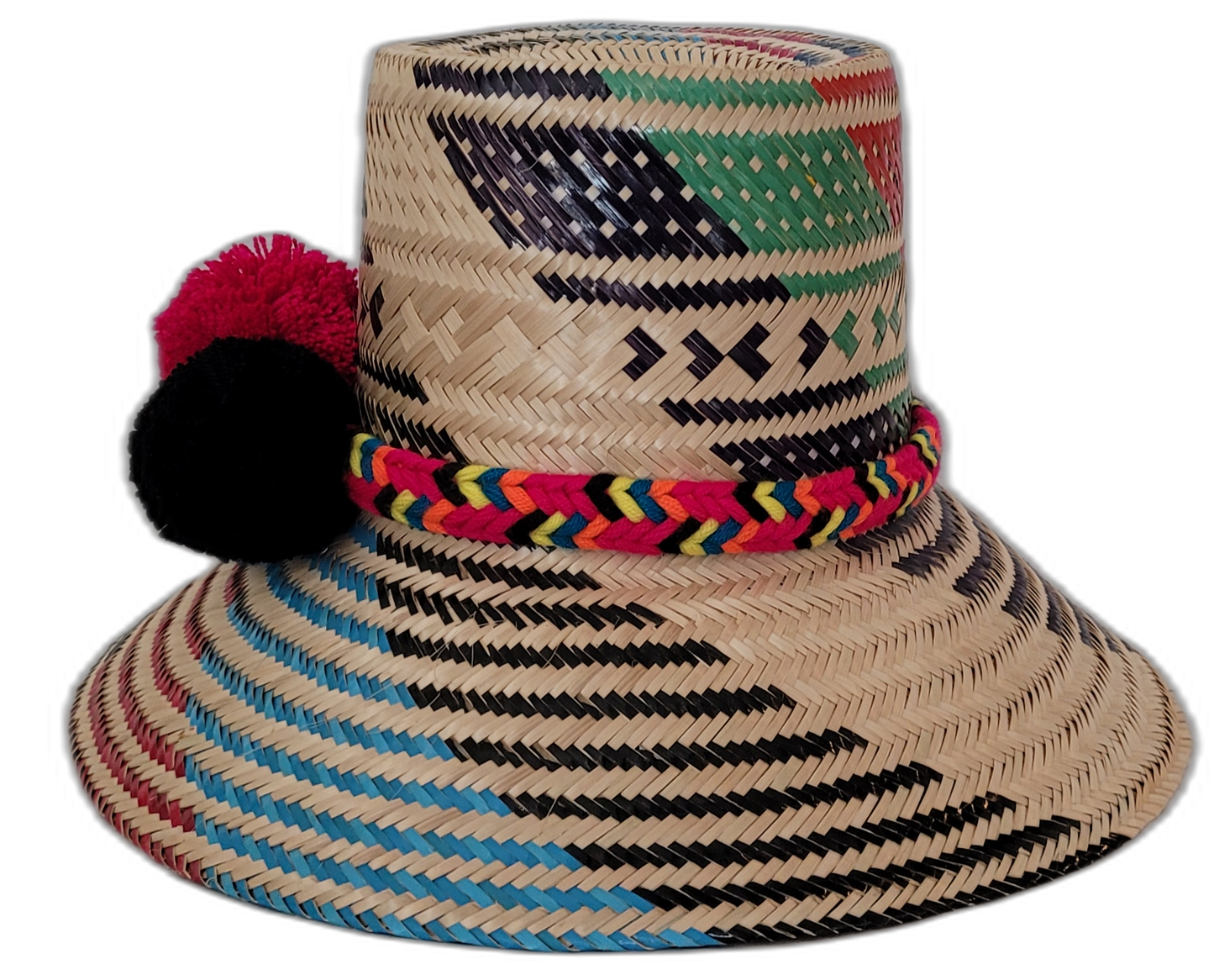 Bohemian straw hat named Gracie, featuring colorful Wayuu patterns and artisan craftsmanship.

