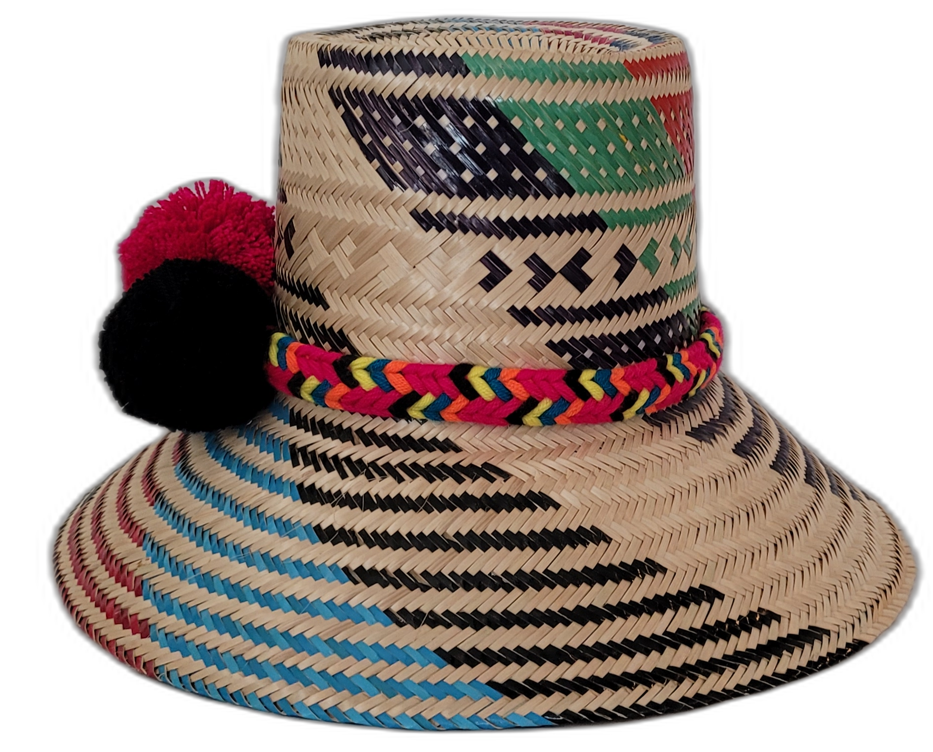 Bohemian straw hat named Gracie, featuring colorful Wayuu patterns and artisan craftsmanship.

