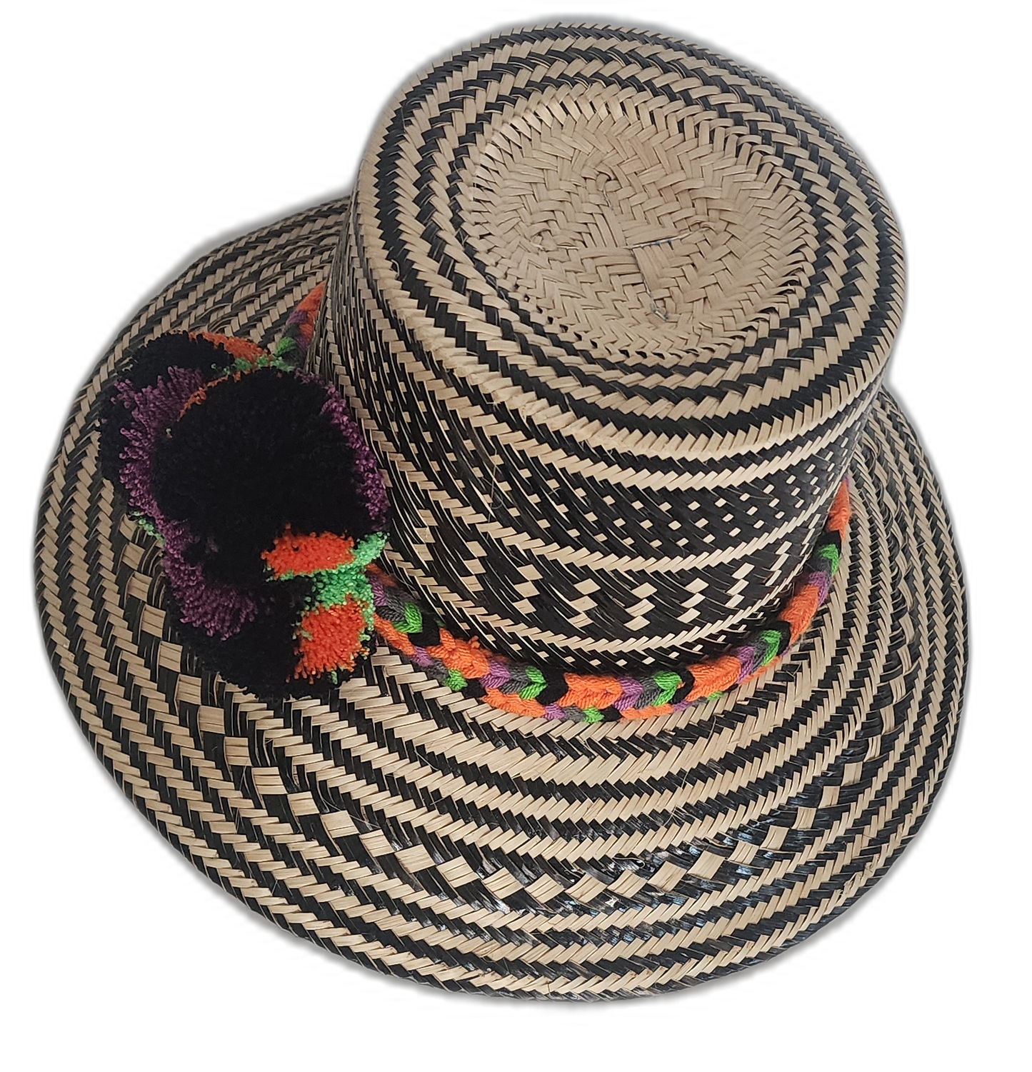 Boho Chick Straw Hat with cultural flair, detailed with bright pompoms and intricate weave
