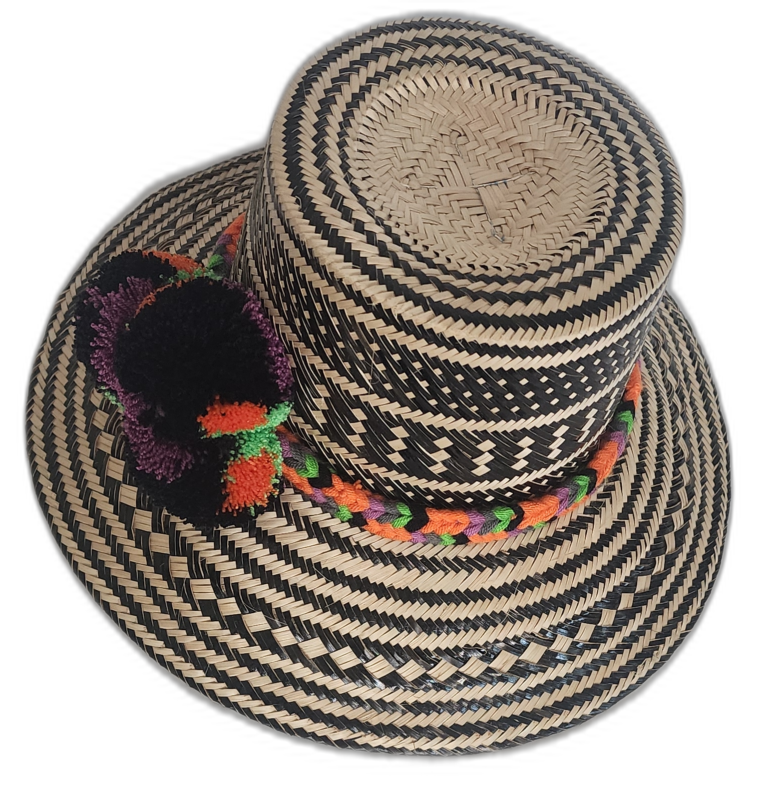 Boho Chick Straw Hat with cultural flair, detailed with bright pompoms and intricate weave